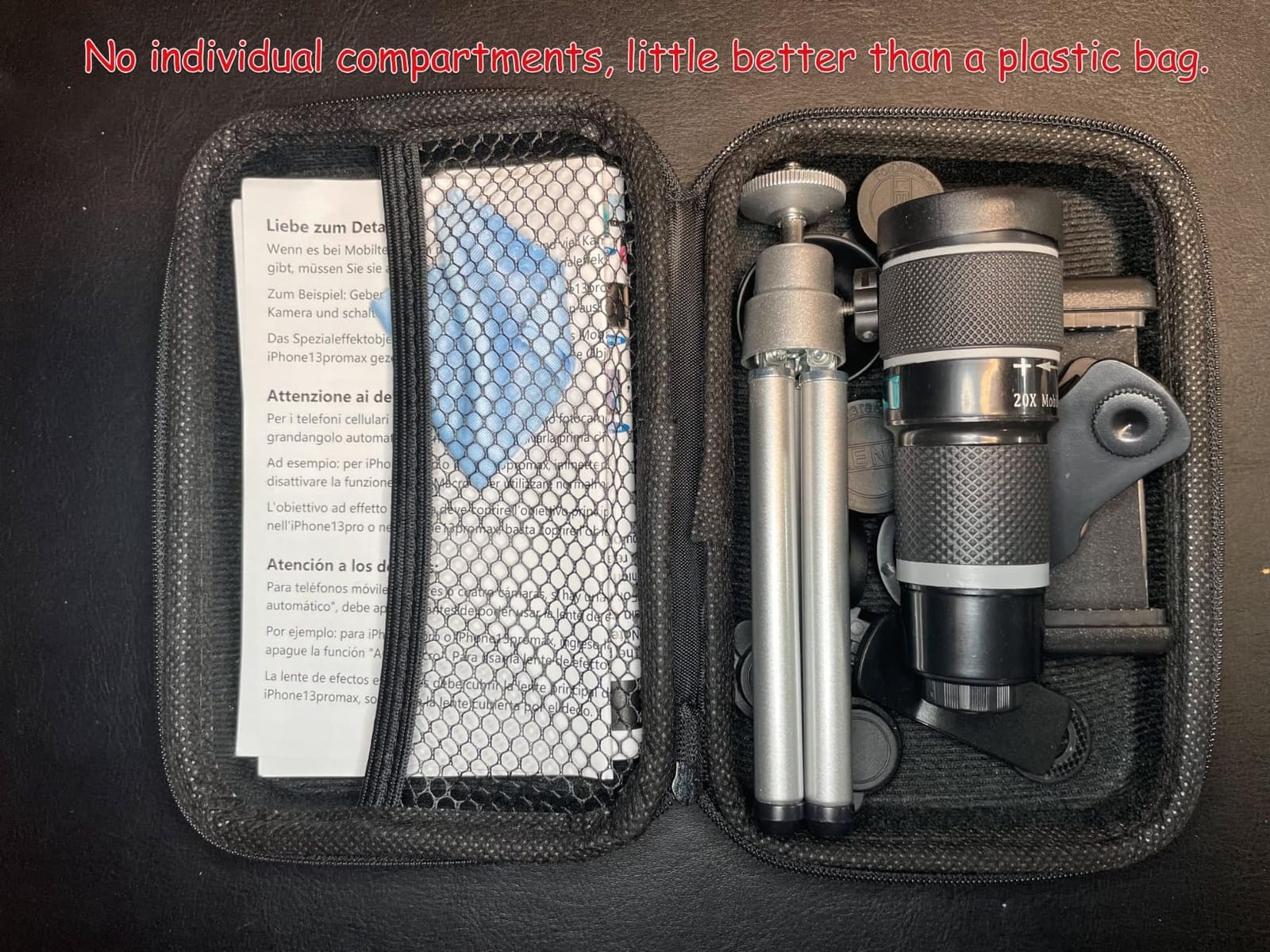 Cell Phone Camera Lens Kit, 11 in 1 Universal 20x Telephoto 0.63 Wide Angle 15X Macro 198° Fisheye 2X Telephoto Kaleidoscope CPL Starlight Eyemask Tripod, for Most iPhone Smartphone (Black) customer photo 2