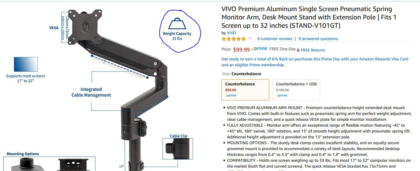 VIVO Premium Aluminum Monitor Arm for Ultrawide Screens up to 49 inches and 33 lbs, Heavy Duty Single Desk Mount, Pneumatic Height, Max VESA 100x100, Black, STAND-V101G1 customer photo 2
