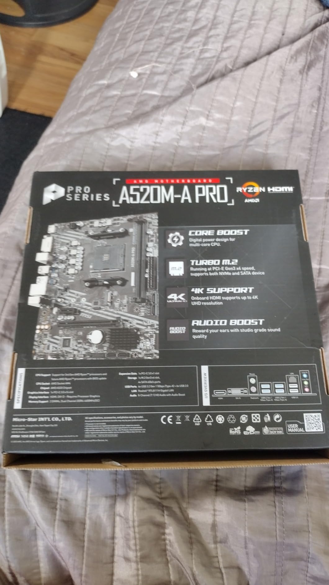 MSI A520M-A PRO Gaming Motherboard (AMD Ryzen 5000, AM4, DDR4, PCIe 3.0, SATA 6Gb/s, M.2, USB 3.2 Gen 1, DVI/HDMI, Micro-ATX) customer photo 1