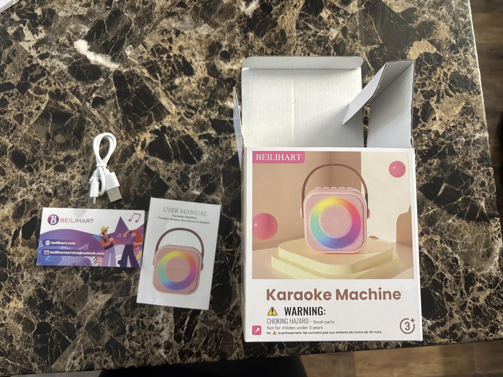 Mini Karaoke Machine,Portable Bluetooth Speaker with 2 Wireless Microphones | 360° Surround Sound,5 Voice Effects,Bluetooth 5.0,LED Lights, TF/USB/AUX, For Kids and Adults, Family Home Party and Gifts customer photo 2