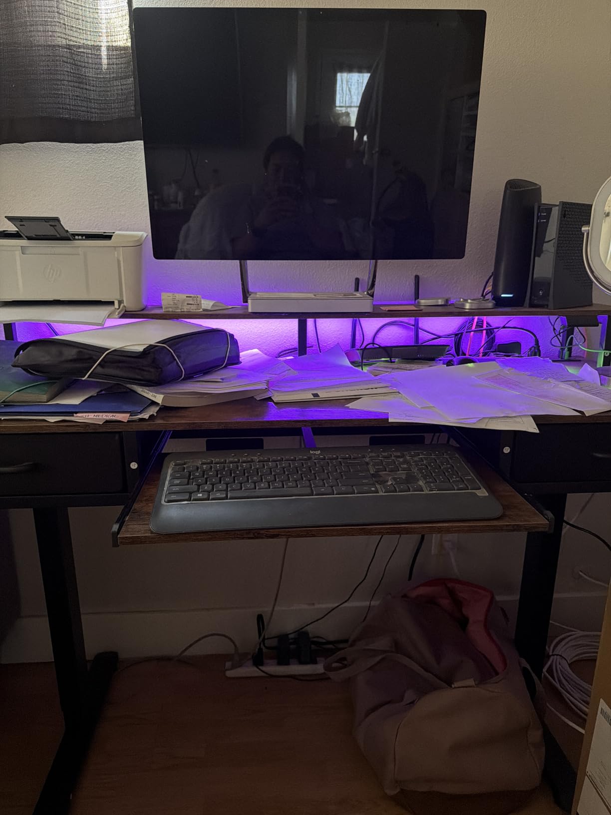AODK Electric Standing Desk with Drawers & Keyboard Tray, 55 Inch Height Adjustable Gaming Desk with Power Outlets & LED Lights, Sit Stand Table with Monitor Stand for Home, Office, Rustic Brown customer photo 2