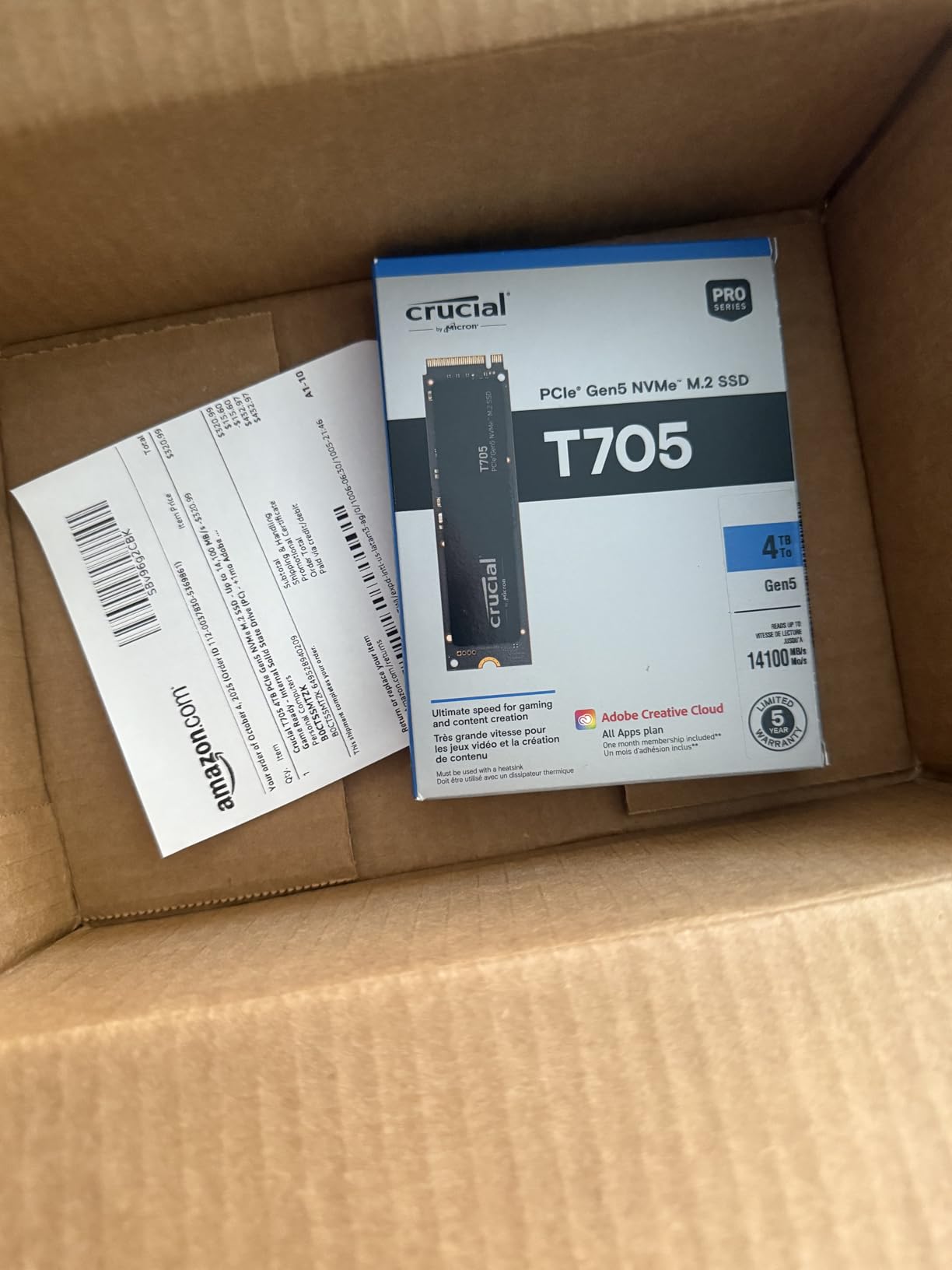 Crucial T705 PCIe Gen5 NVMe 2TB SSD, Up to 14,500MB/s, TLC NAND, Intel & Ryzen Compatible, for Hardcore Gaming & High-Speed Storage, Solid State Drive, Includes 1Mo Adobe CC - CT2000T705SSD3 customer photo 2