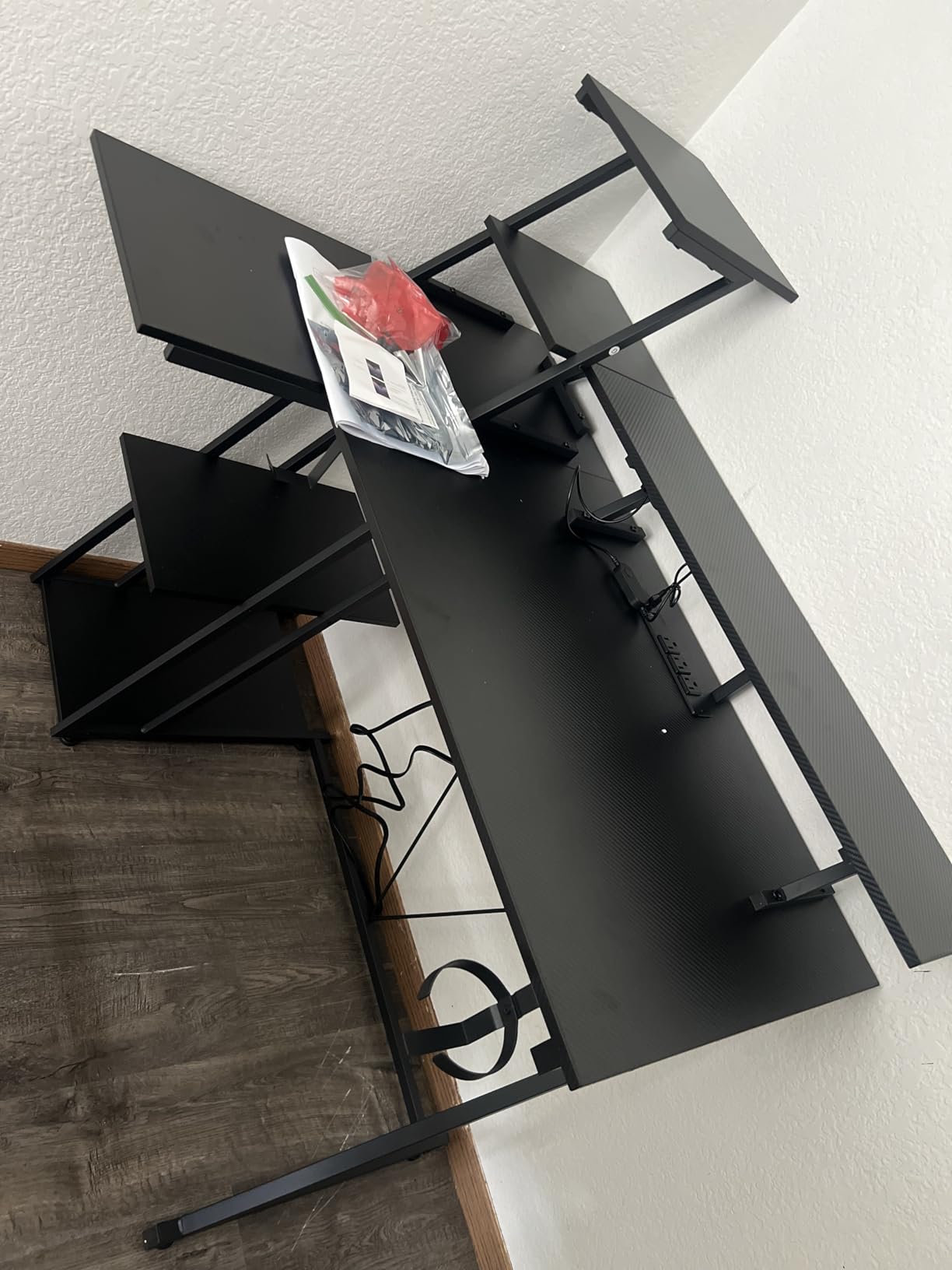 Korfile 40 Inch Gaming Desk with LED Lights & Power Outlet, L Shaped Computer Gaming Table with Storage Shelves customer photo 1