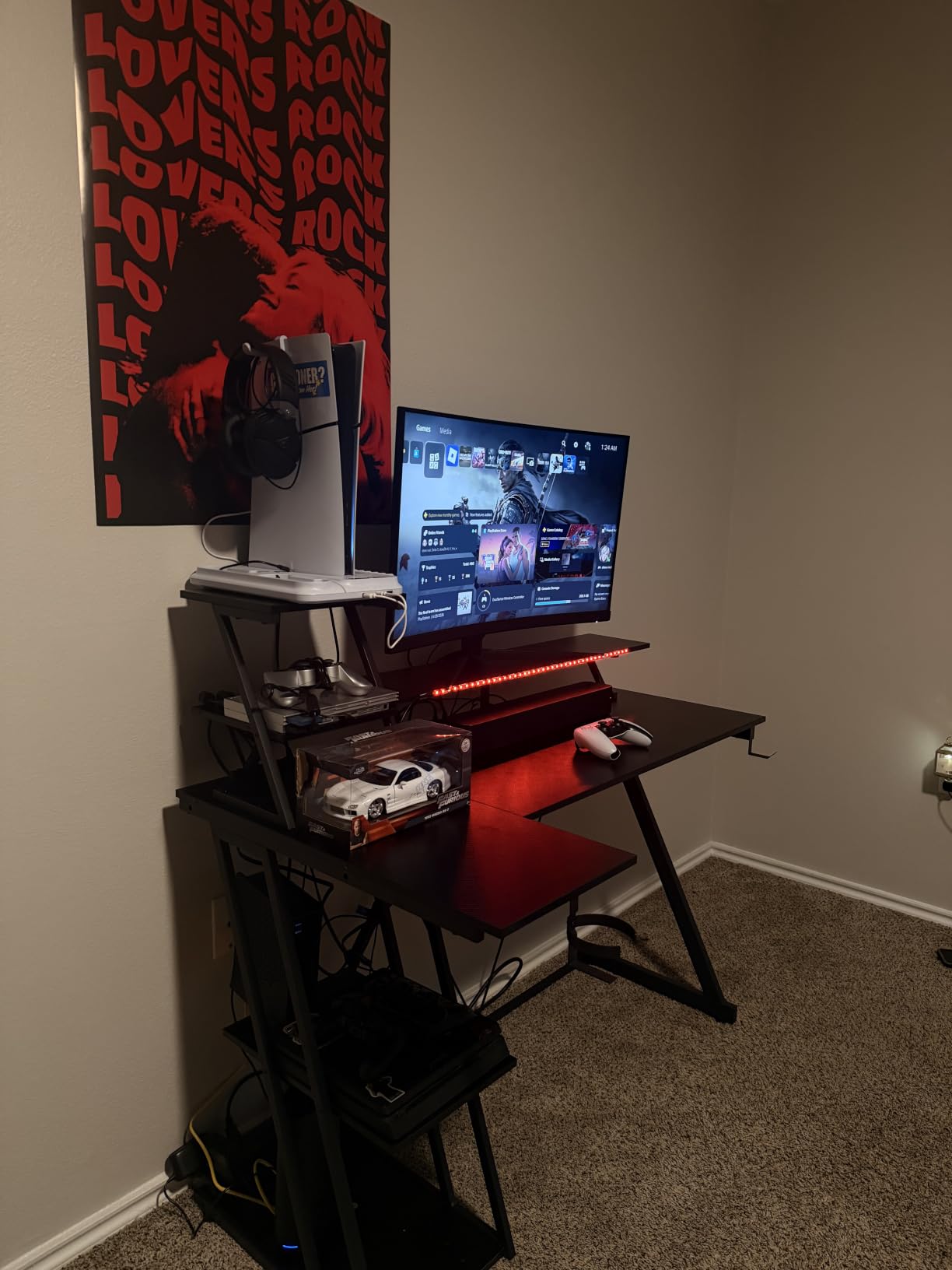 Korfile 40 Inch Gaming Desk with LED Lights & Power Outlet, L Shaped Computer Gaming Table with Storage Shelves customer photo 2