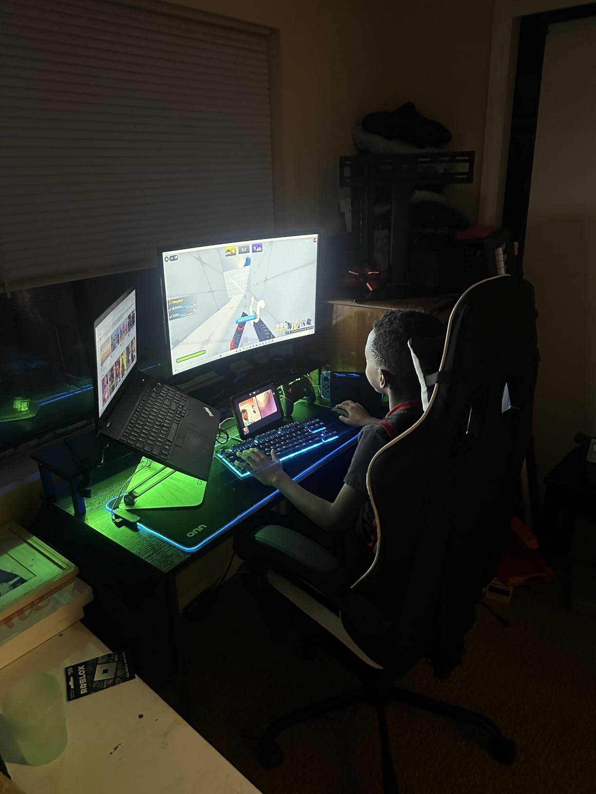 Lufeiya Black Gaming Desk with LED Lights and Power Outlets, 40 Inch Teen Writing Study Table Home Office Desks with Monitor Stand, Computer Desk with Charging Station USB Port, Black customer photo 1