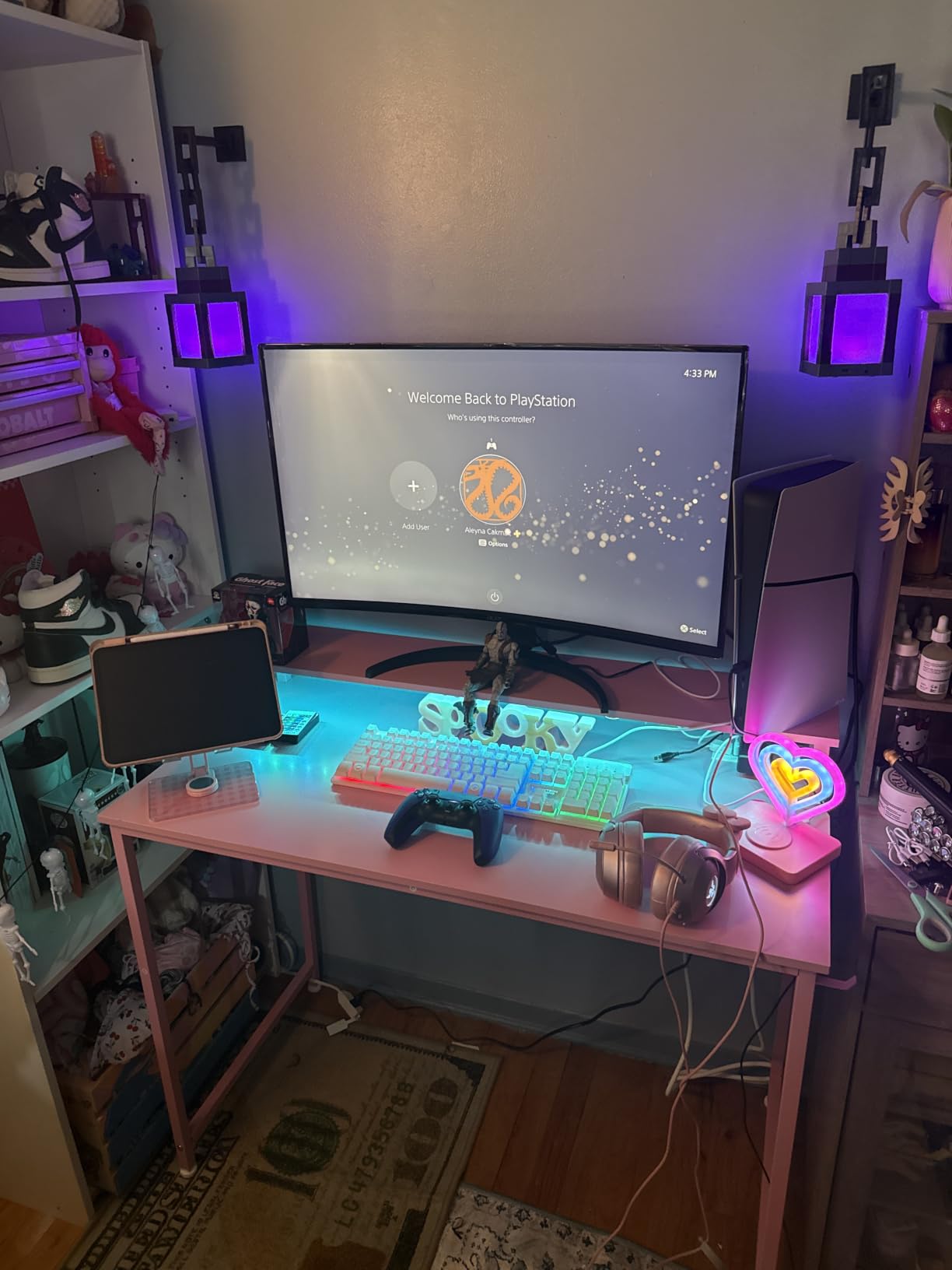 Lufeiya Black Gaming Desk with LED Lights and Power Outlets, 40 Inch Teen Writing Study Table Home Office Desks with Monitor Stand, Computer Desk with Charging Station USB Port, Black customer photo 2