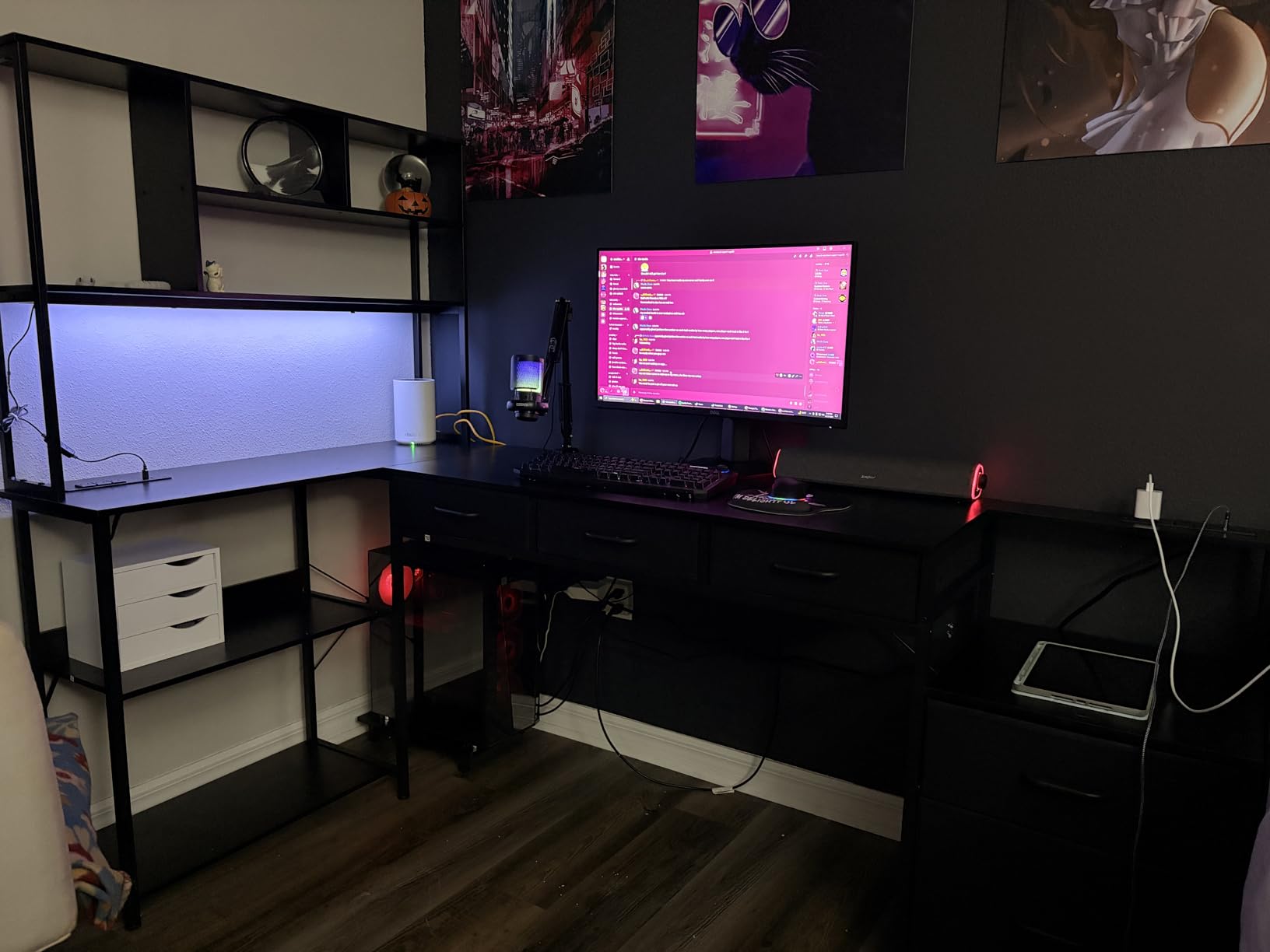 AODK 79 inch L Shaped Desk with 5 Drawers, Reversible L Shaped Gaming Desk with LED Light & 2 Power Outlets, Computer Desk with Storage Shelves for Home Office, Black customer photo 1