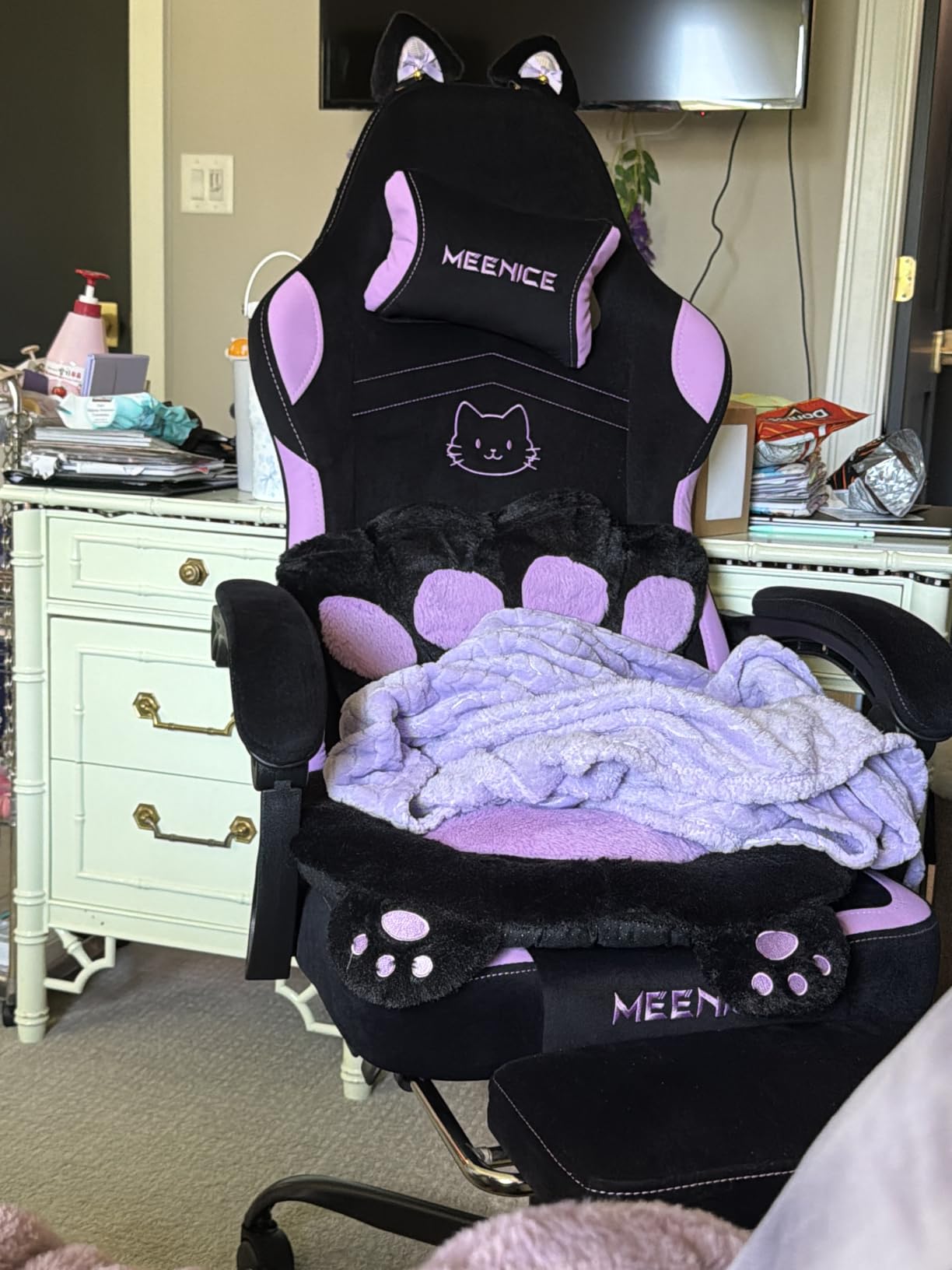 Gaming Chair Cute with Cat Ears Paw Lumbar and Cushion, Ergonomic Computer Chair with Footrest, Reclining PC Game Chair for Girl Computer Chair 300lbs for Adult Colours customer photo 1