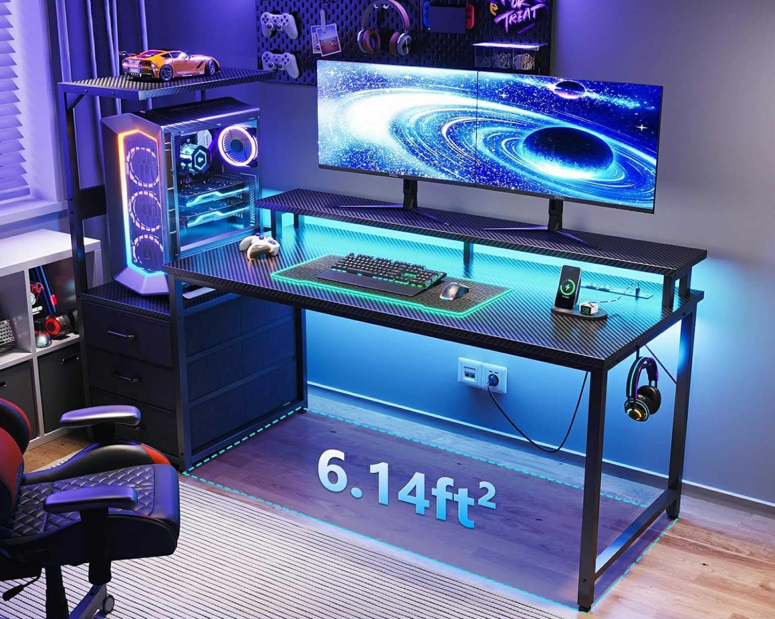 AODK 59 Inch Gaming Desk with LED Light, Reversible Computer Desk with Storage Shelves & Monitor Stand customer photo 1