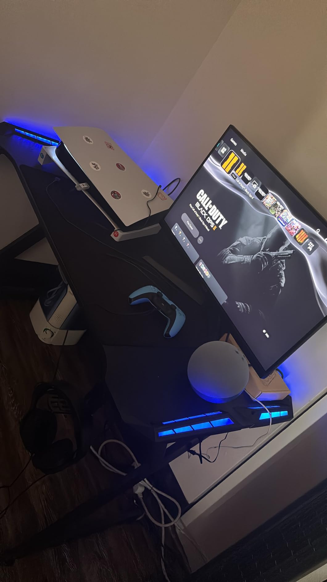 HLDIRECT 40 Inch Gaming Desk with Carbon Fiber Surface and LED Lights, Black | Adjustable RGB LED, 220 lb Capacity, Cup Holder, Headphone Hook, Cable Management customer photo 1