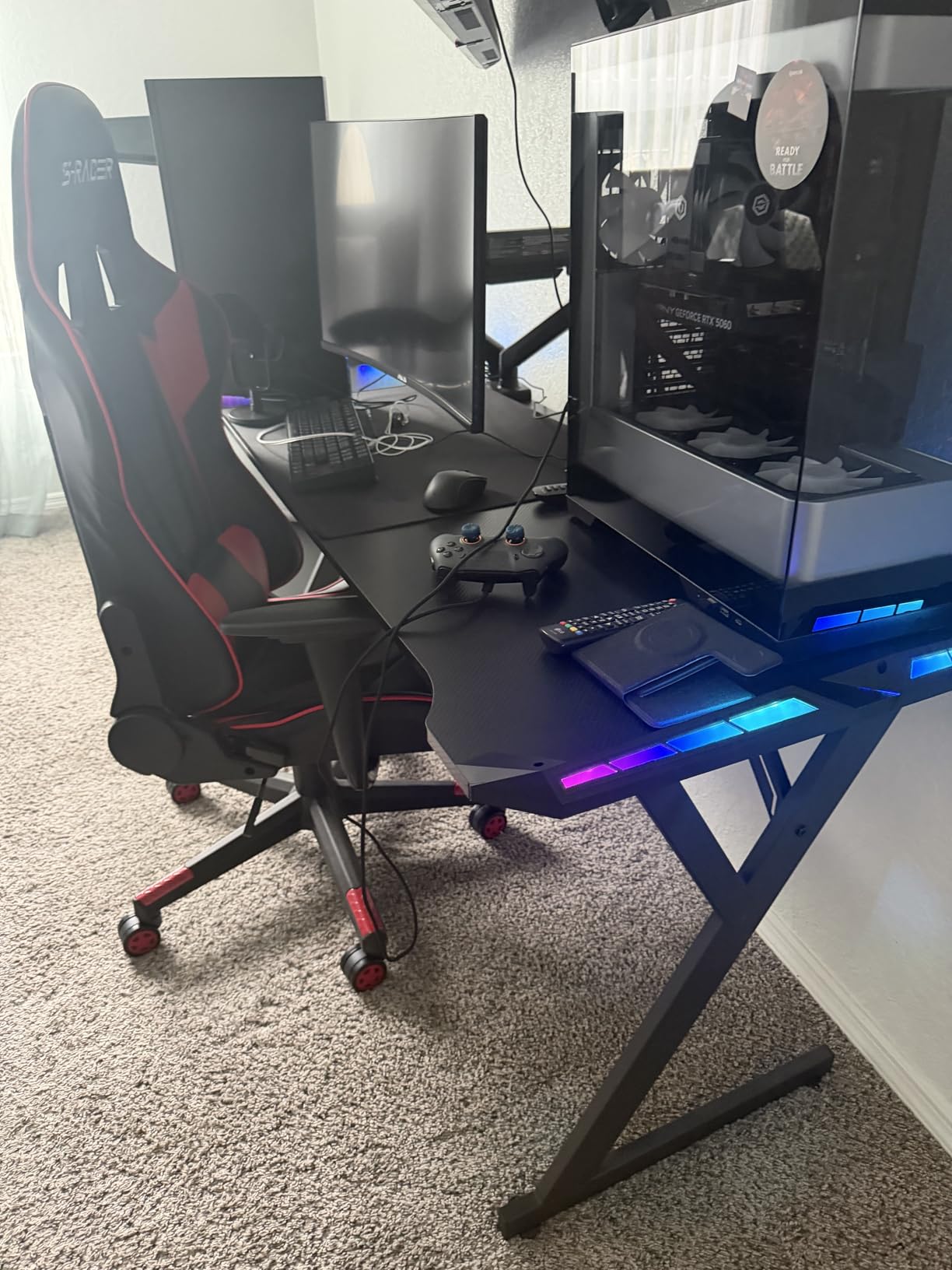 HLDIRECT 40 Inch Gaming Desk with Carbon Fiber Surface and LED Lights, Black | Adjustable RGB LED, 220 lb Capacity, Cup Holder, Headphone Hook, Cable Management customer photo 2