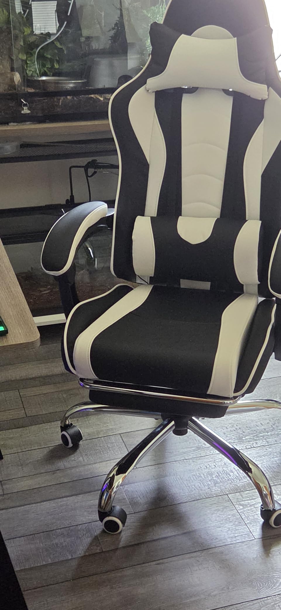 Yaheetech Gaming Chair with Footrest Massage Lumbar Pillow Black and Red | Foam-padded PU leather racing seat and plush headrest recline with a slide-out footrest; metal frame supports up to 300 lb. customer photo 2