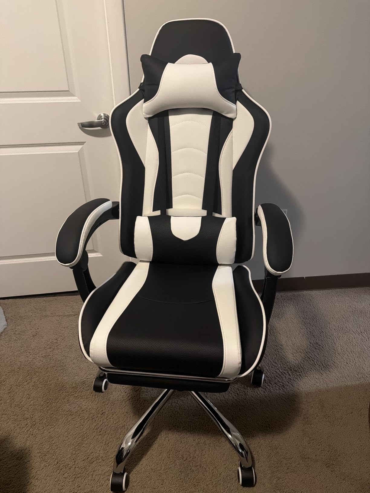 Yaheetech Gaming Chair with Footrest Massage Lumbar Pillow Pink and White | Foam-padded PU leather racing seat and plush headrest recline with a slide-out footrest; metal frame supports up to 300 lb. customer photo 2