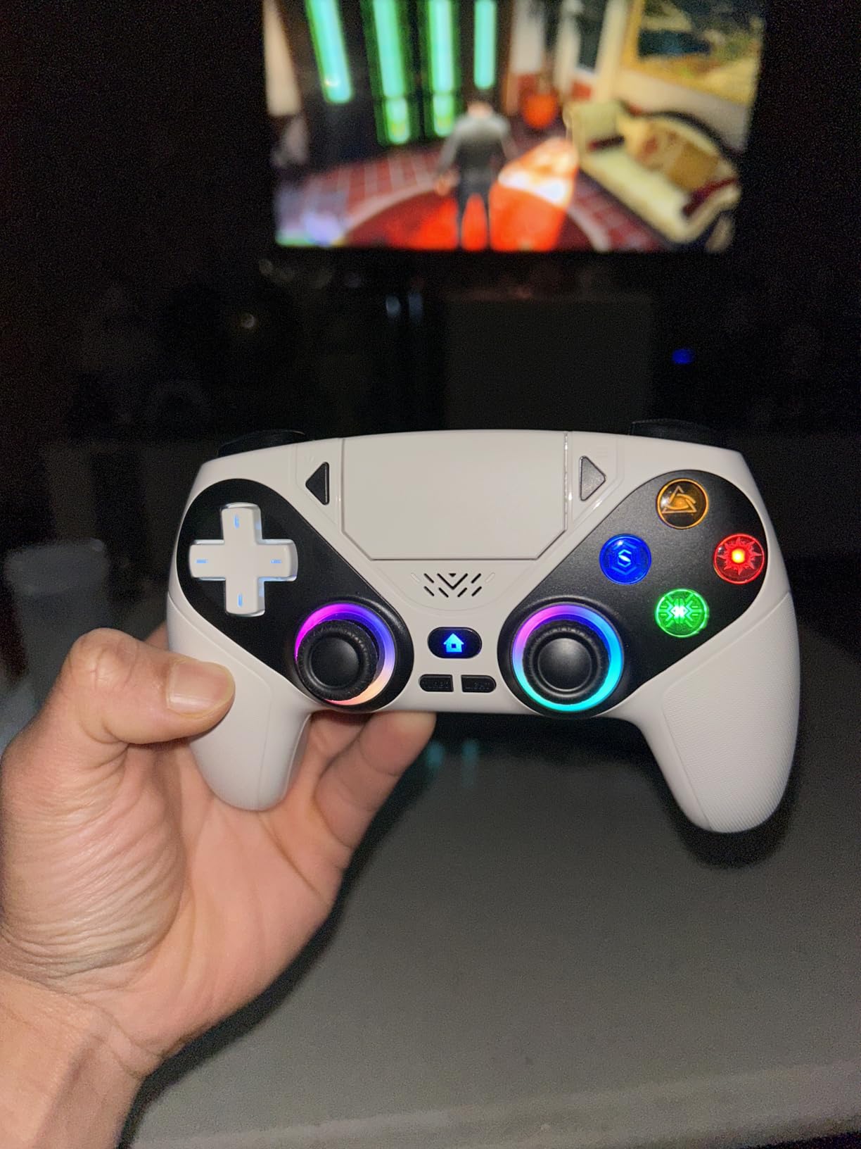 Gamrombo LED Wireless Controller for PS5, Compatible with PS5 Pro/Slim/PC, Dual Vibration, Macro/Turbo Function, 3.5mm Audio Jack, 6-Axis Motion Control Gamepad with Speaker (White) customer photo 2