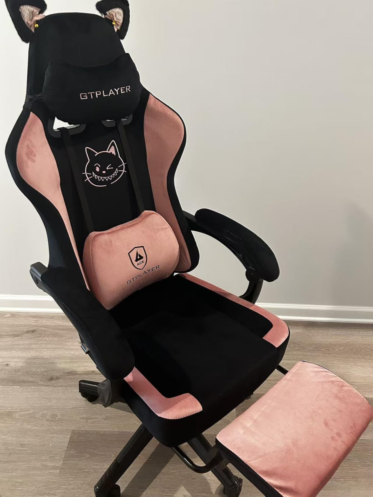 GTPLAYER Pink Gaming Chair Cute with Cat Ears Ergonomic Computer Chair with Cat Embroidery Adjustable Memory Foam Lumbar Support and Headrest Comfortable Reclining Office Chair Soft Velvet Fabric customer photo 1