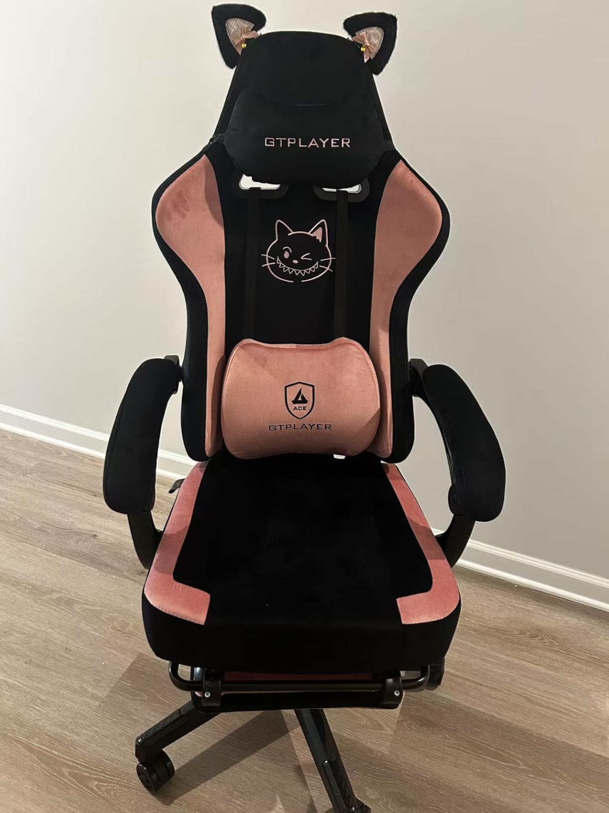 GTPLAYER Pink Gaming Chair Cute with Cat Ears Ergonomic Computer Chair with Cat Embroidery Adjustable Memory Foam Lumbar Support and Headrest Comfortable Reclining Office Chair Soft Velvet Fabric customer photo 2