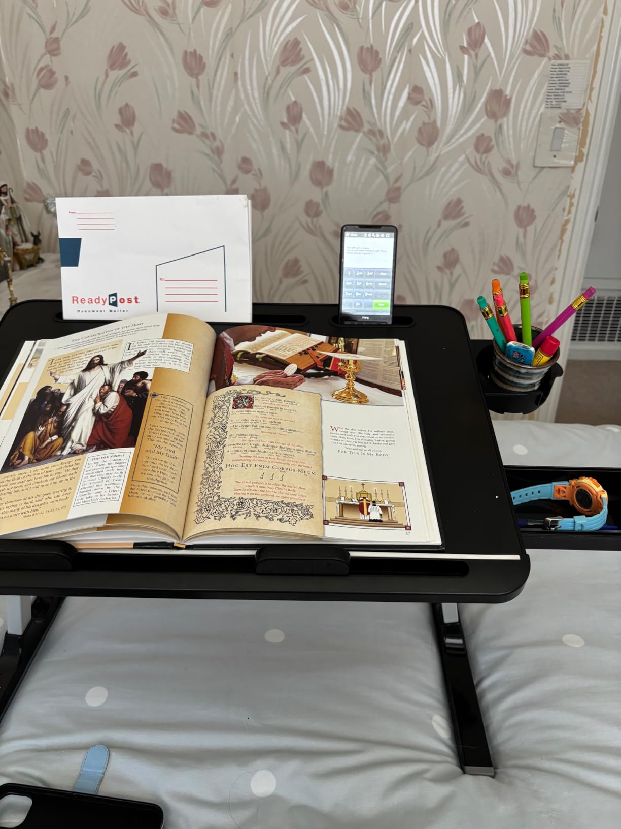 SONGMICS Bed Laptop Desk, Foldable, Adjustable Height, 15.7 x 22 Inches | Portable Bed Sofa Table, Large Desktop, 120° Stepless Tilt, Cup Holder, Tray, Ink Black, ISLAND Collection ULLD113BC01 customer photo 1