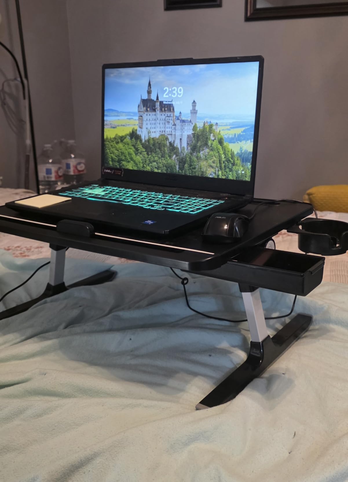 SONGMICS Bed Laptop Desk, Foldable, Adjustable Height, 15.7 x 22 Inches | Portable Bed Sofa Table, Large Desktop, 120° Stepless Tilt, Cup Holder, Tray, Ink Black, ISLAND Collection ULLD113BC01 customer photo 2