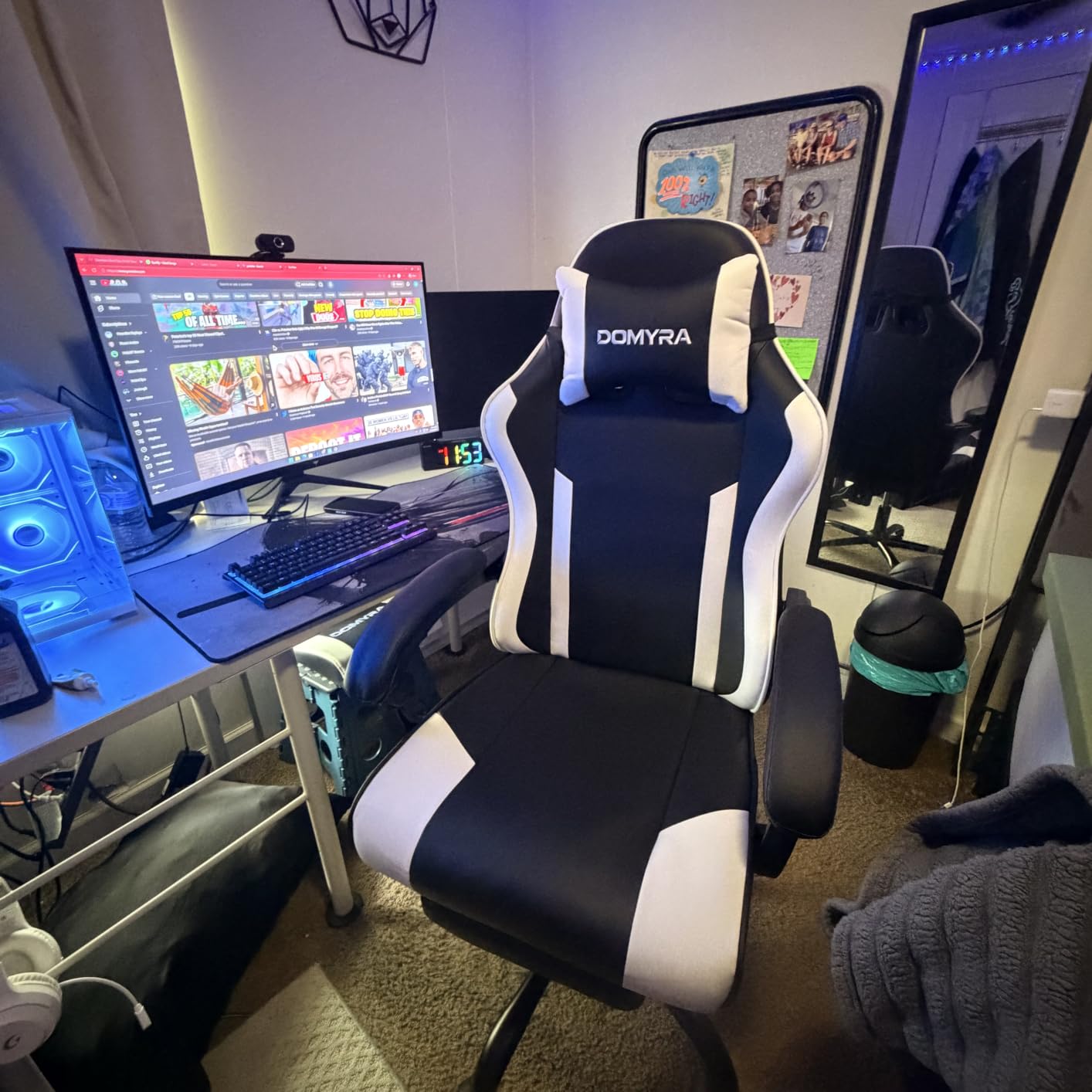 Gaming Chair Gamer Game Ergonomic with Footstool Lumbar Support Deep Black | Headrest, Height and Backrest Adjustable, Deep Black Leather, 210 KG Heavy Duty Load Capacity 52cm Wingless Cushion customer photo 1