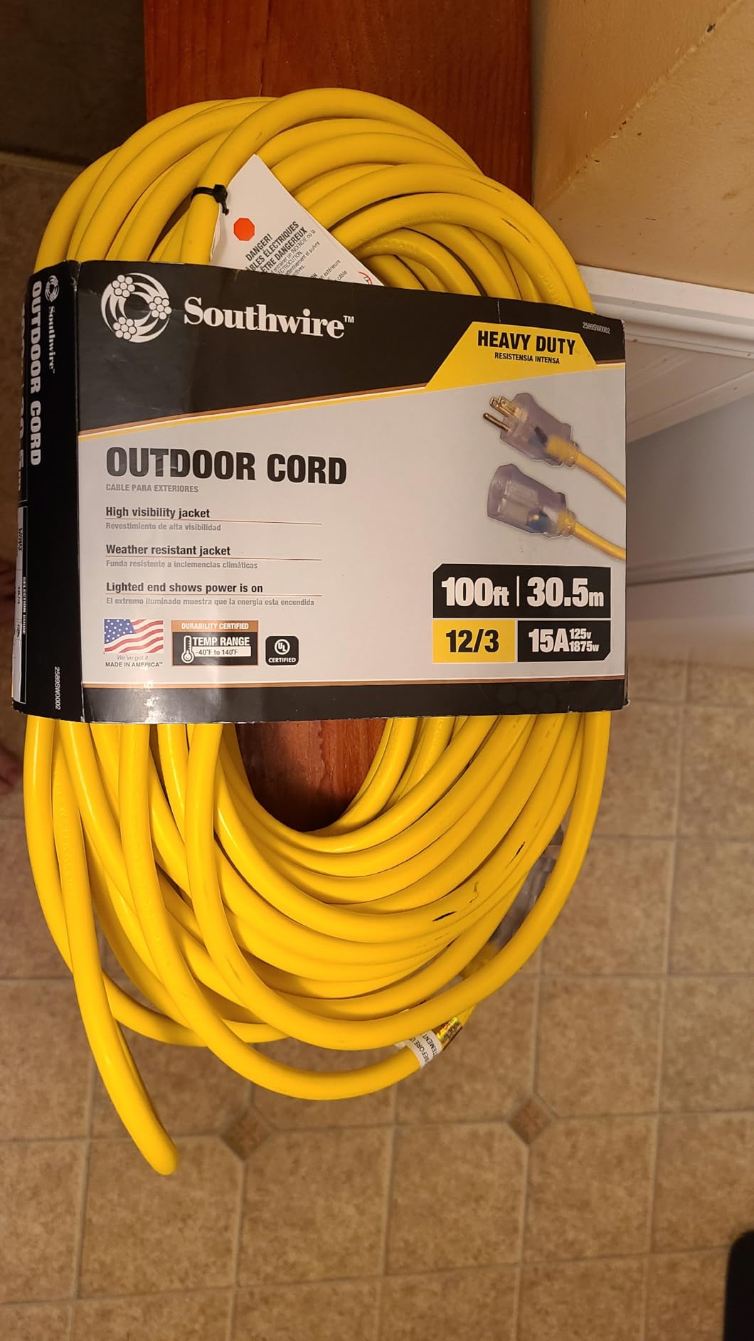 Southwire Outdoor Extension Cord - Durable Vinyl Jacket for Farm, Ranch & Workshop - Lighted End With Reinforced Blades - SJTW, Yellow - 12 Gauge, 3 Prong - 50 Feet customer photo 1