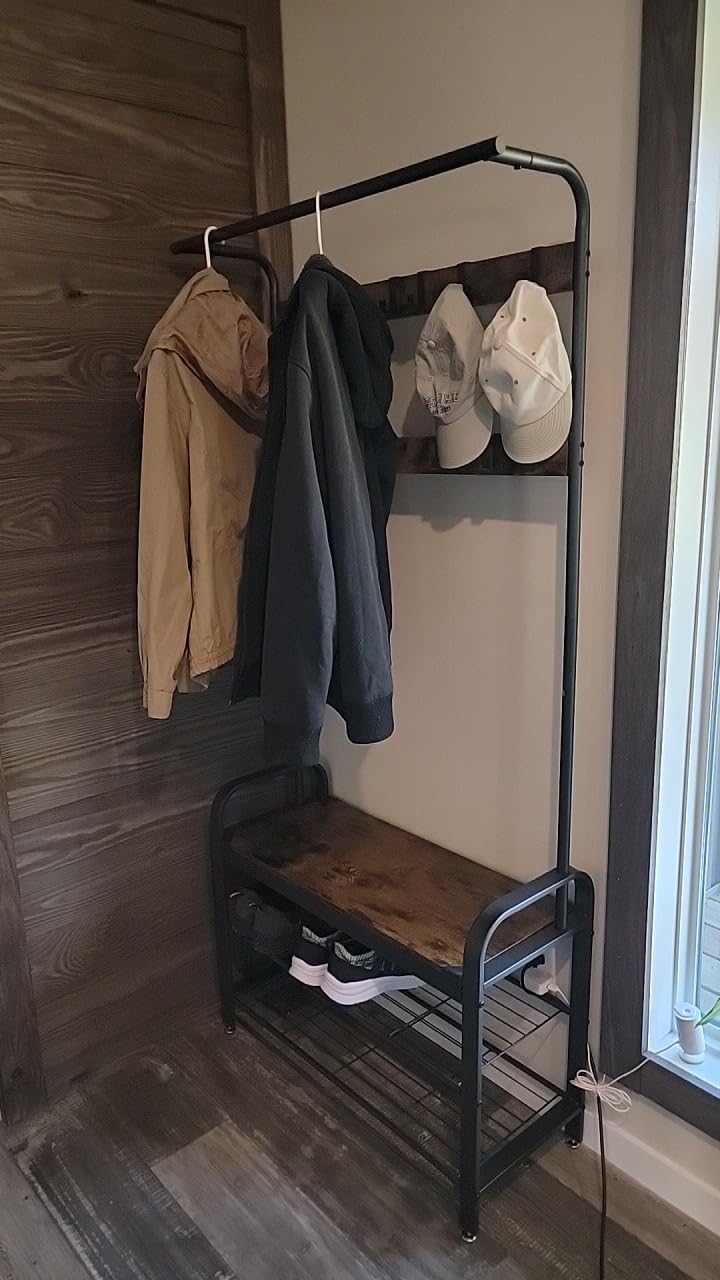 VASAGLE Coat Rack, Hall Tree with Shoe Bench, 4-in-1, 9 Removable Hooks customer photo 1