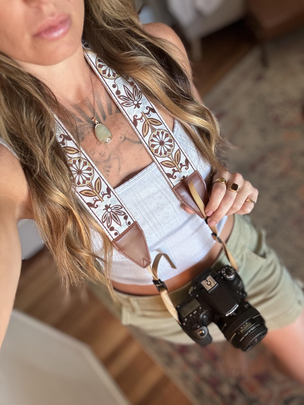 Camera Strap - Shoulder, Crossbody & Neck Camera Strap for Photographers, Fits All Cameras, Canon Nikon Sony Fujifilm, Padded Strap W/ Quick Release, Embroidered Cotton & Leather Ends, Blue customer photo 2