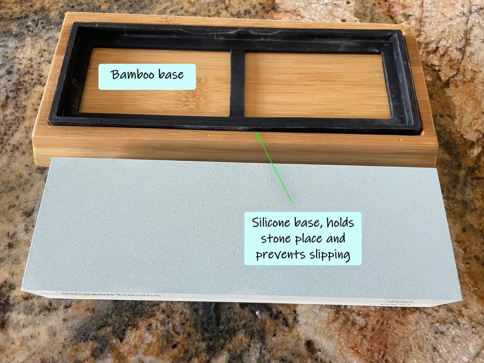Amazon Basics Whetstone Knife Sharpening Stone Set, Double-sided 400/1000 and 3000/8000 Grit Stones, Flattening Stone with Angle Guide, Non-Slip Bamboo Base, 3 Count, Black & Grey customer photo 1