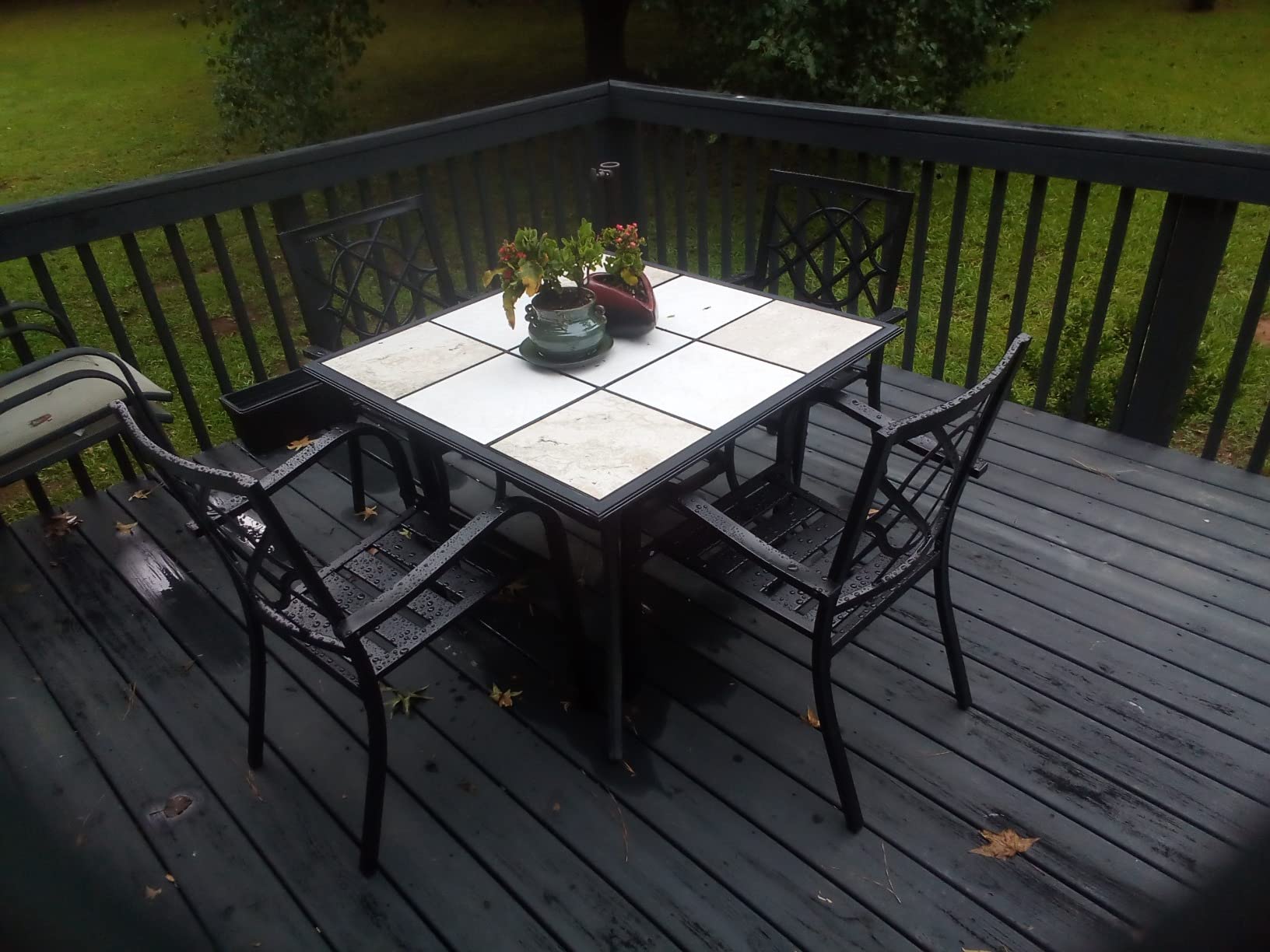 7 Pieces Patio Metal Furniture Outdoor Dining Set with 6 Stackable Bistro Chairs, and 60'' x 37'' Rectangle Table with Umbrella Hole (Black) customer photo 2