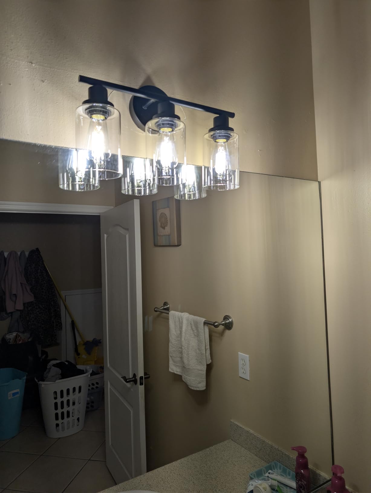 Unicozin Modern Bathroom Light Fixtures, 3 Light Vanity Lights, Black Wall Lamp with Clear Glass for Bathroom, Mirror, Living Room, Bedroom, Hallway, E26 Base customer photo 1