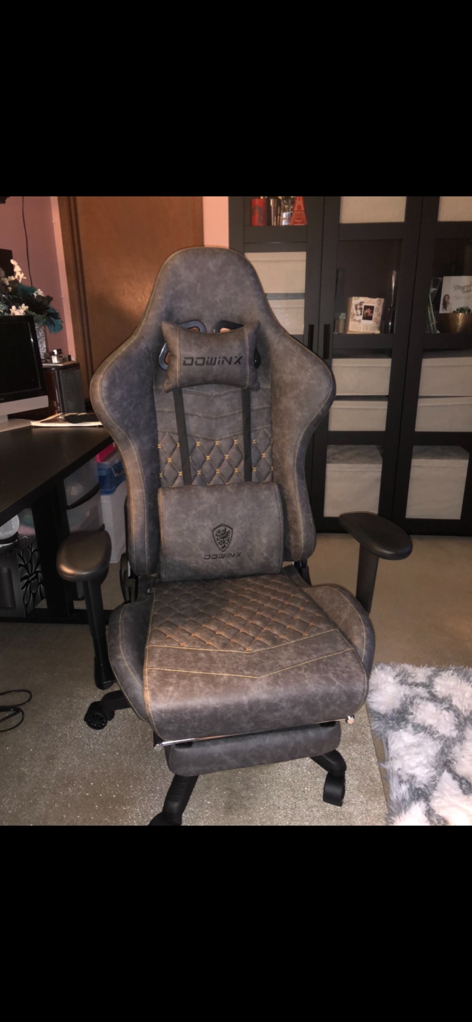 Dowinx Gaming Chair Fabric with Pocket Spring Cushion, Massage Game Chair Cloth with Headrest, Ergonomic Computer Chair with Footrest 290LBS, Black and Grey customer photo 1