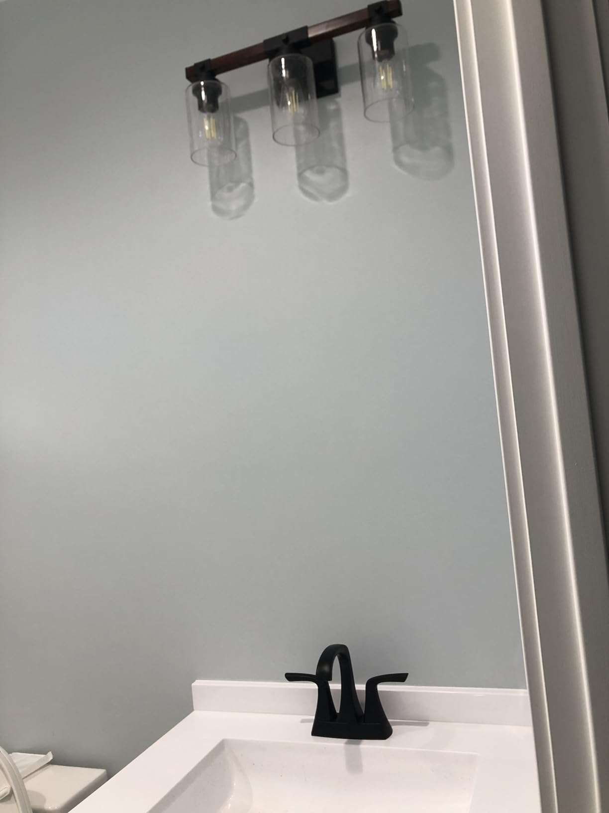 Amico 3-Light Farmhouse Bathroom Vanity Light, Seeded Glass, Black & Wood customer photo 2