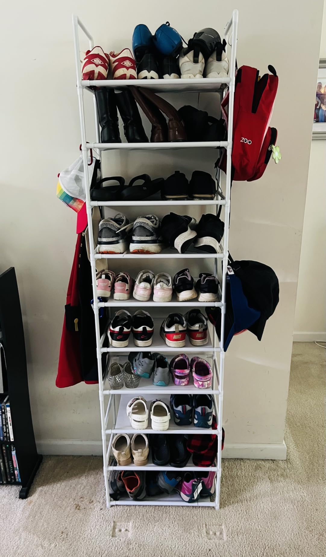 LANTEFUL 10 Tiers Tall Shoe Rack 20-25 Pairs Boots Organizer Storage Sturdy Narrow Shoe Shelf for Entryway, Closets with Hooks, Black customer photo 2