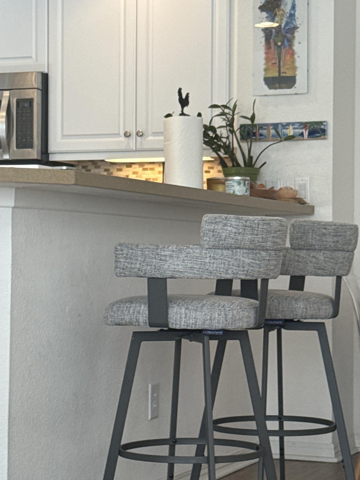 Counter Height Bar Stools with Full Back – Swivel Counter Stools Set of 2 with Linen Padded Back, Metal Footrest, Modern Barstools for Kitchen Counter, Island, Dining Room, Grey 24 inch customer photo 1