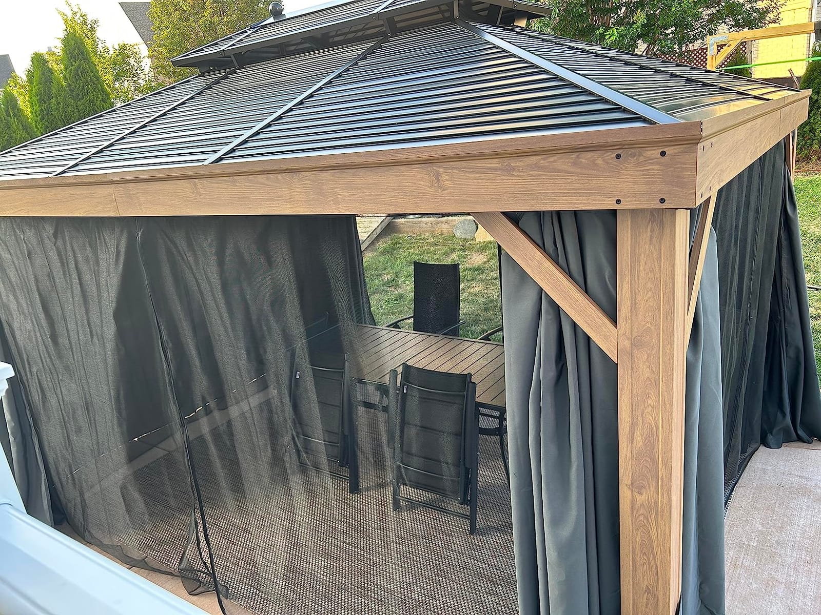 YOLENY 12' x 16' Hardtop Gazebo, Wood Looking Gazebo with Aluminum Frame and Single Galvanized Steel Roof, Outdoor Permanent Metal Pavilion with Curtains and Nettings for Deck, Backyard and Patio customer photo 2
