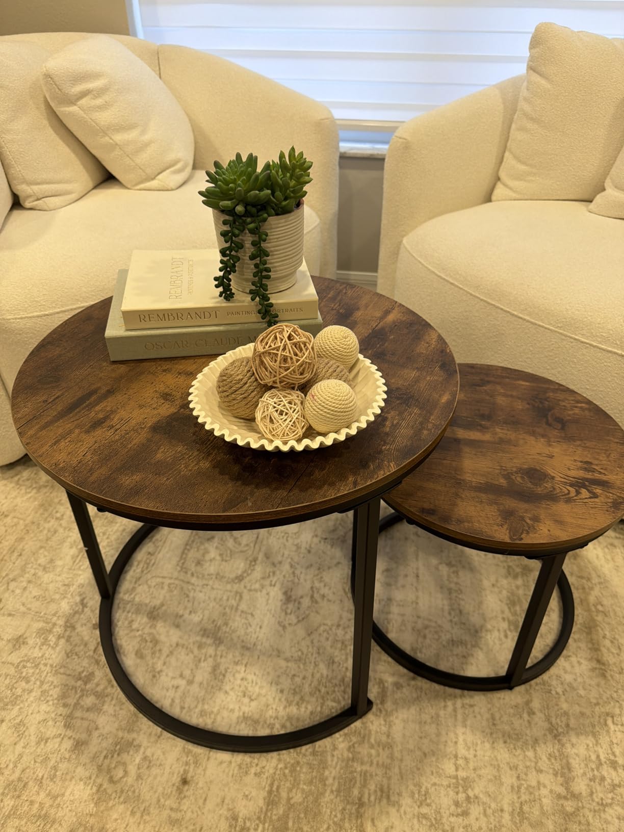 HOJINLINERO Round Coffee Table,Nesting Coffee Table Set of 2,Center Tables for Living Room,Office, Home Small Space,Stacking Side Tables,Sturdy and Easy Assembly,Wood Desktop,Black+White Oak,Small customer photo 1