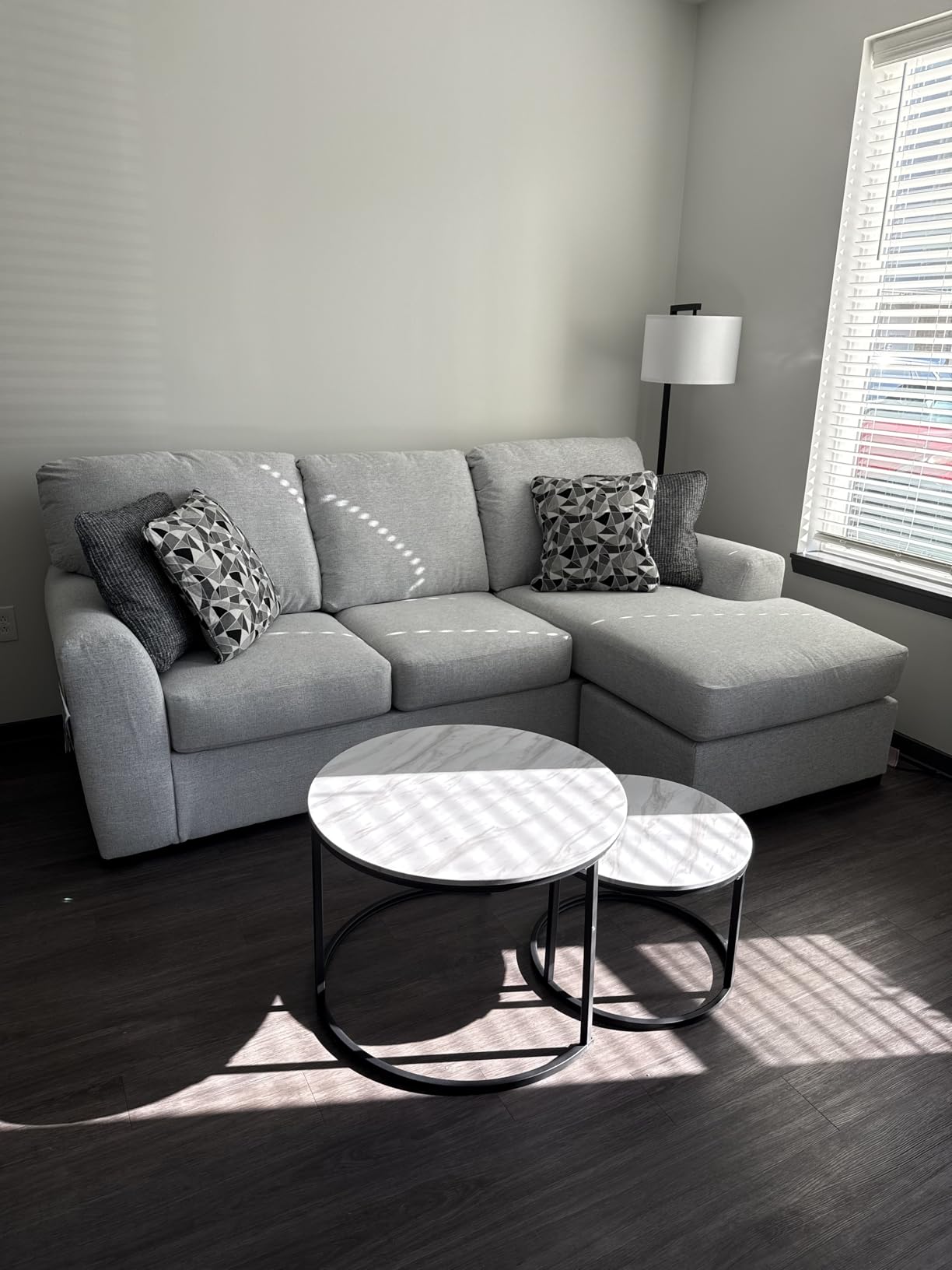 HOJINLINERO Round Coffee Table,Nesting Coffee Table Set of 2,Center Tables for Living Room,Office, Home Small Space,Stacking Side Tables,Sturdy and Easy Assembly,Wood Desktop,Black+White Oak,Small customer photo 2