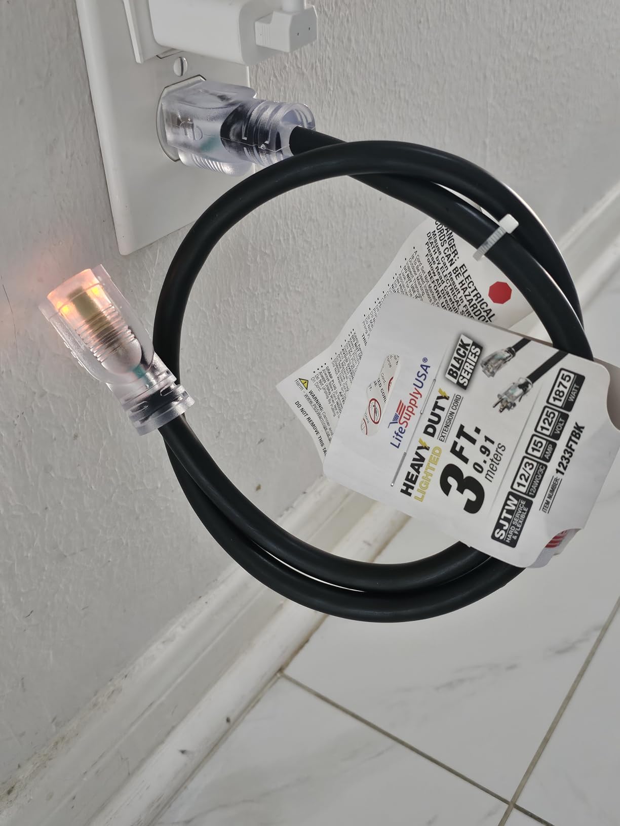 50ft Outdoor/Indoor Extension Cord 12/3 Gauge Extra Heavy Duty 3 Prong SJTW, Waterproof, Flexible Cold-Resistant Long Power Cord, 15A 125V 1875W, Green by LifeSupplyUSA customer photo 1