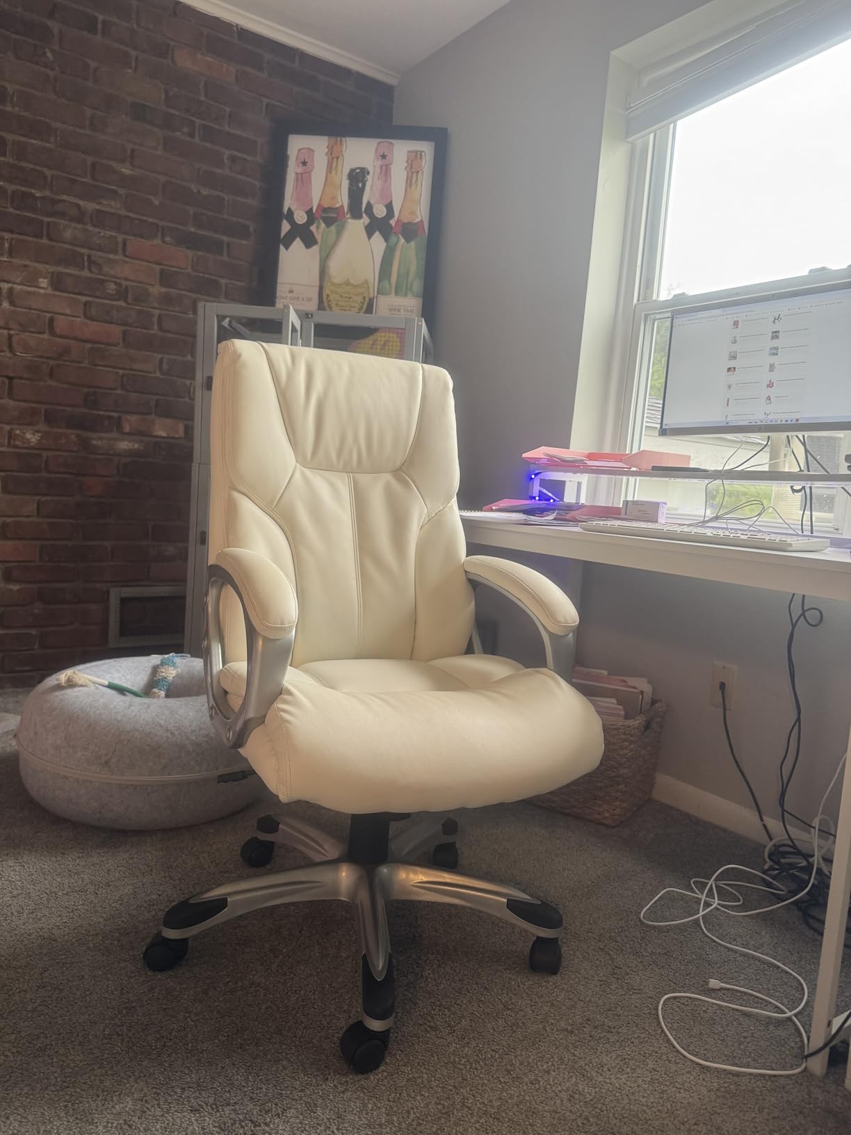 Amazon Basics Executive High Back Office Chair, Adjustable Height, Tilt, Swivel, Padded Seat, Bonded Leather, Wheels, Black/Silver customer photo 2