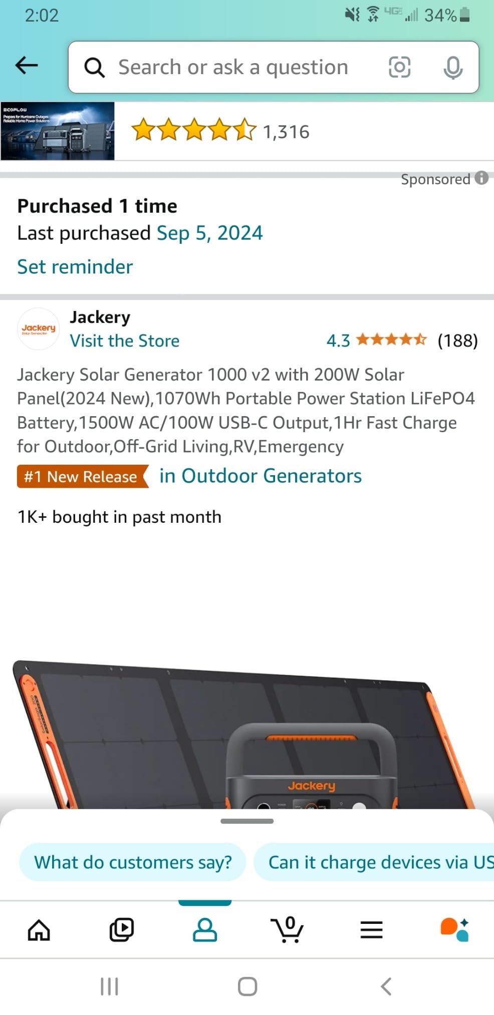 Jackery Solar Generator 1000 v2 and 200W Solar Panel, 1070Wh, 1500W AC | 1 Hr Fast Charge, LiFePO4 Battery, 100W USB-C Output, for Outdoor, Off-Grid Living, RV, Emergency customer photo 1
