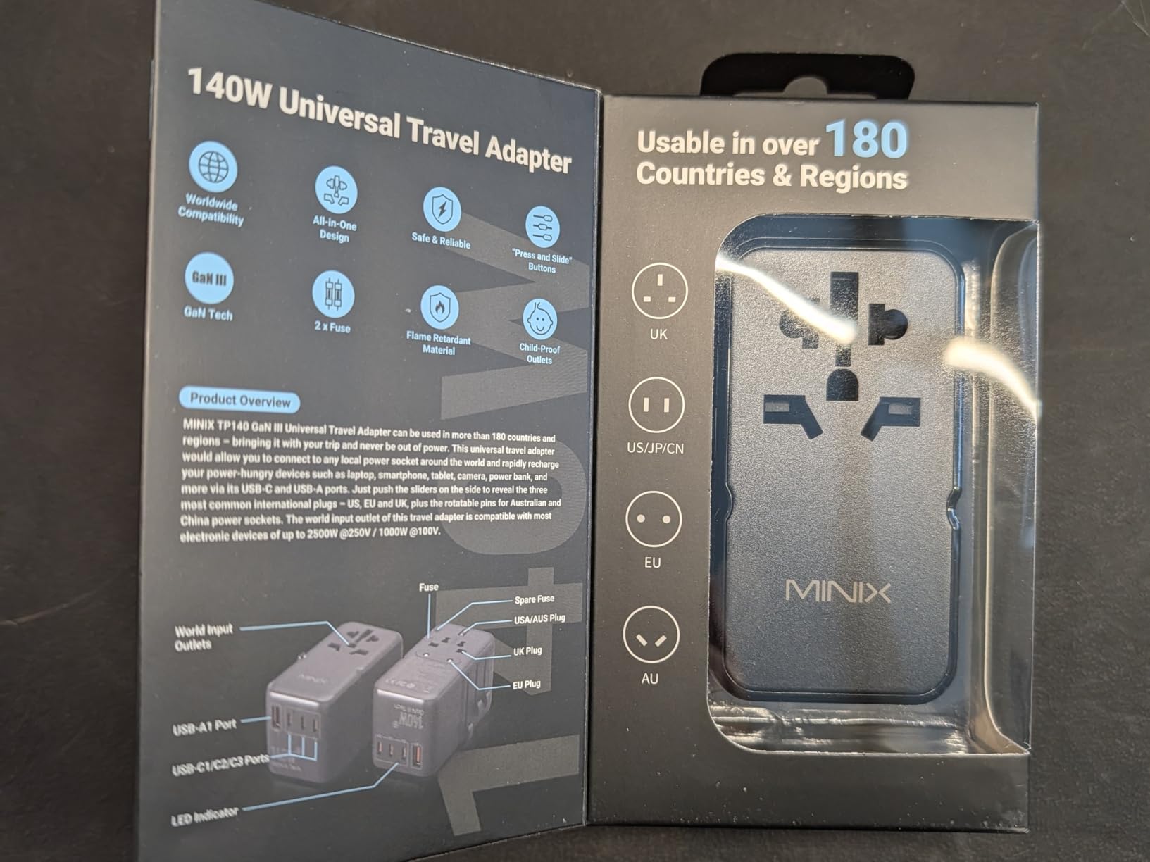 MINIX 140W Universal Travel Adapter, GaN III International Power Adapter, 3 USB-C 1 USB-A Ports, AC Outlet, Worldwide US/UK/EU/AU Travel Charger for Cameras Laptops Tablets Phones and More customer photo 2