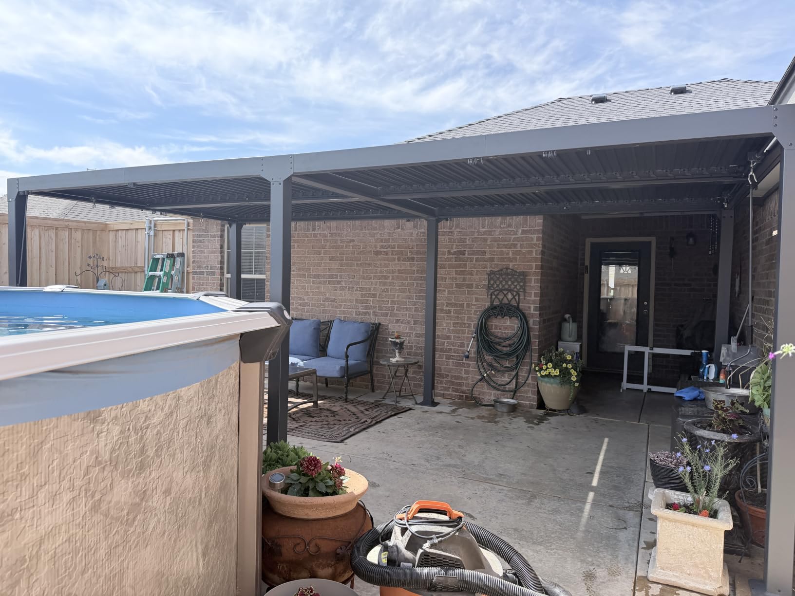 EROMMY Louvered Pergola 10x10, Outdoor Aluminum Pergola with Adjustable Rainproof Roof for Garden, Patio, Deck, Waterproof Curtains and Netting Included, White customer photo 1