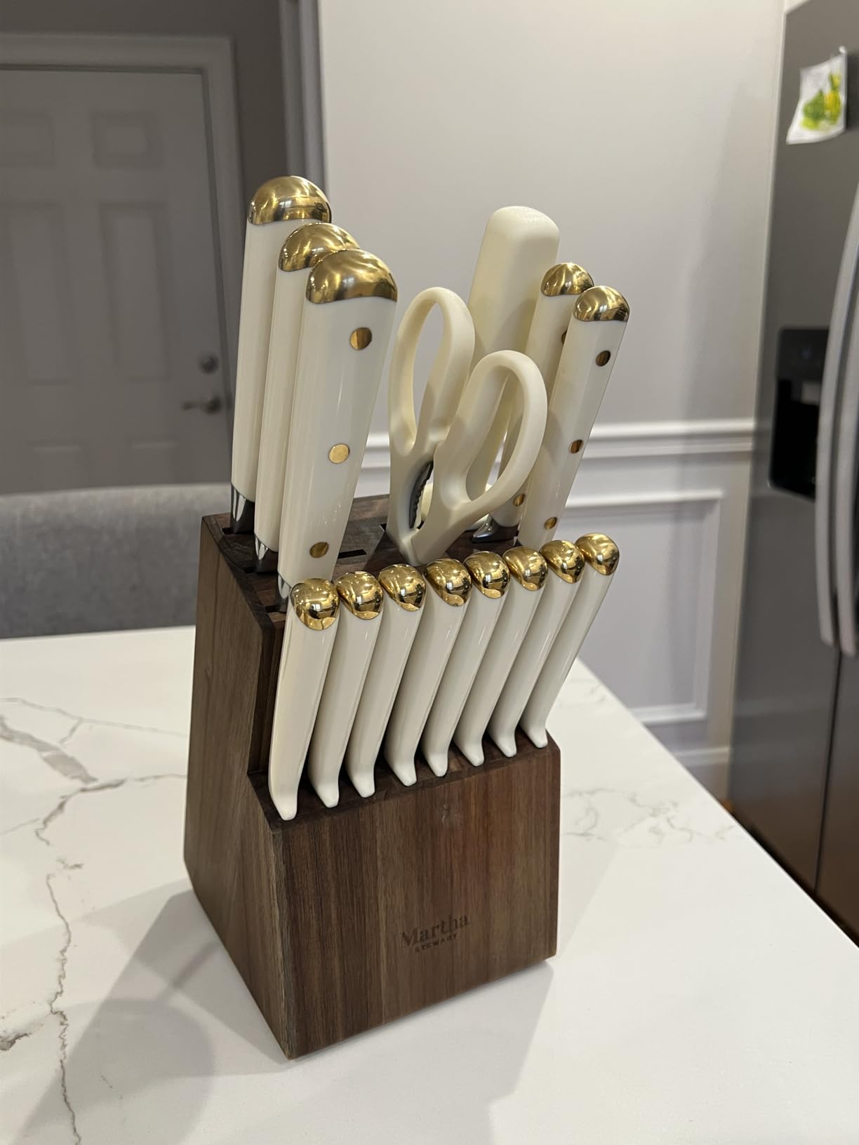 Martha Stewart Knife Block Set 16-Piece - Lockton High Carbon Stainless Steel Forged Full Tang Chef Knives, Acacia Wood Block, Triple Riveted Handles, Linen White & Gold customer photo 2