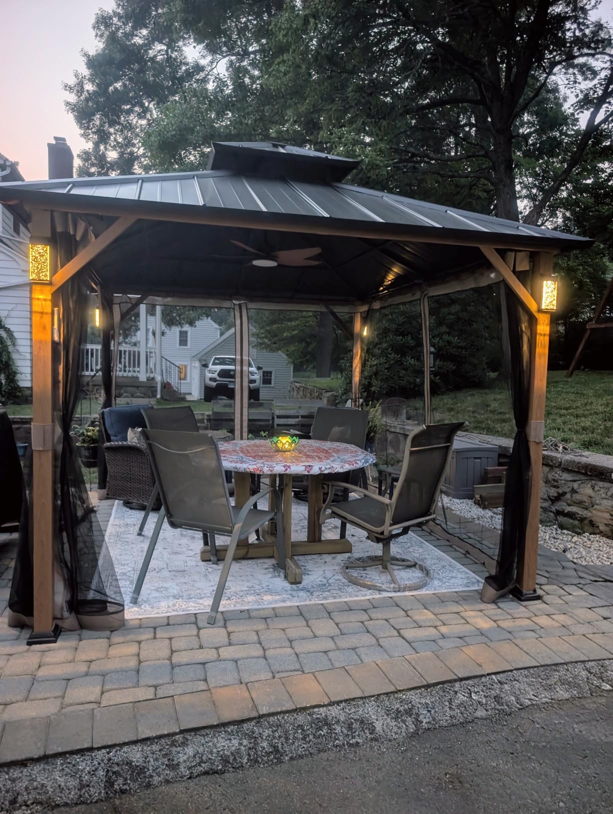Modern Shade Hardtop Gazebo 12x12 with 4 LED Lights for Backyard Wood Grain customer photo 2