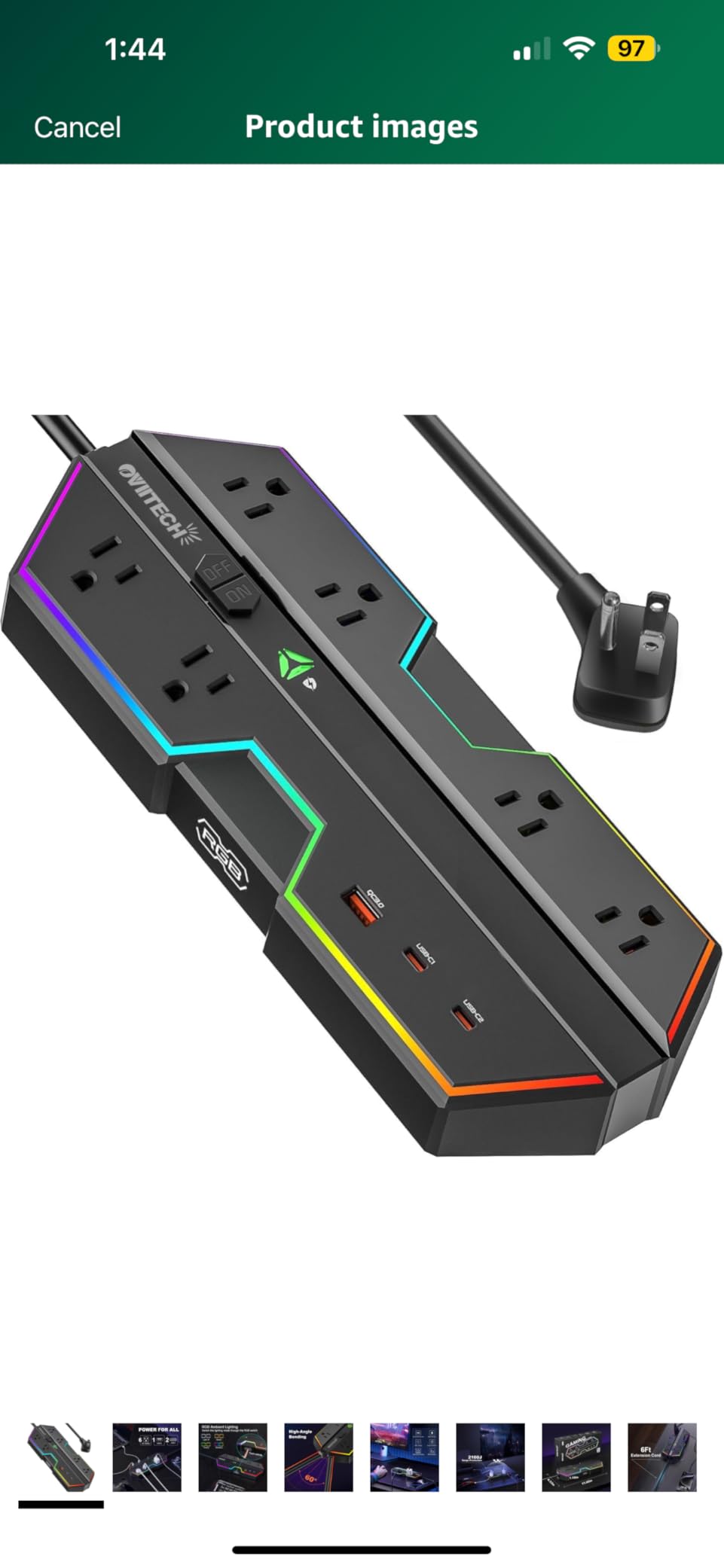 PD 65W Surge Protector Gaming Power Strip RGB Lights Black | Fast Charging, 6AC 3 USB Ports, Wide-Spaced Outlet RGB Lights, 6 Ft Extension Cord, Compatible Home and Offices customer photo 1