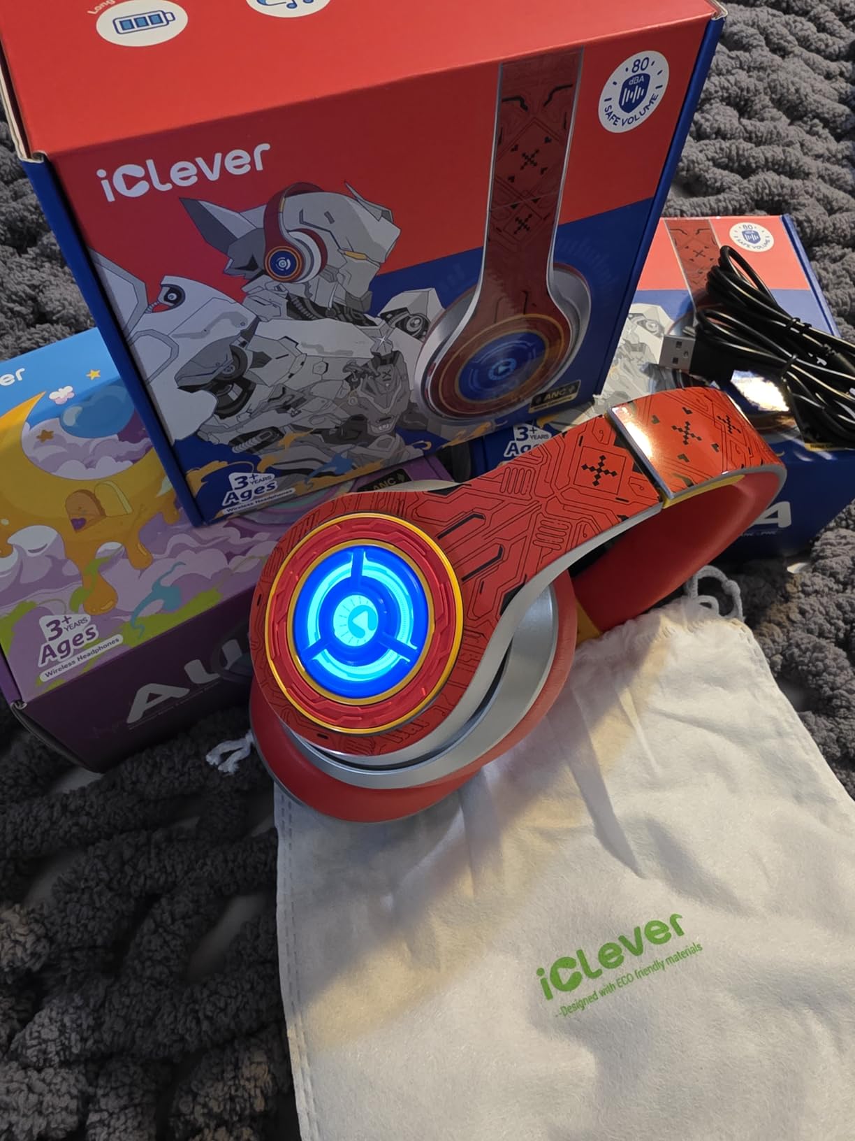 iClever Auraa Active Noise Cancelling Headphones for Kids, LED Light Up, Bluetooth 6.0, Safe Volume 80dBA, 47H Play Time,Fast Charging,Kids Headphones Wireless with Mic AUX Cord for Travel iPad,Purple customer photo 2