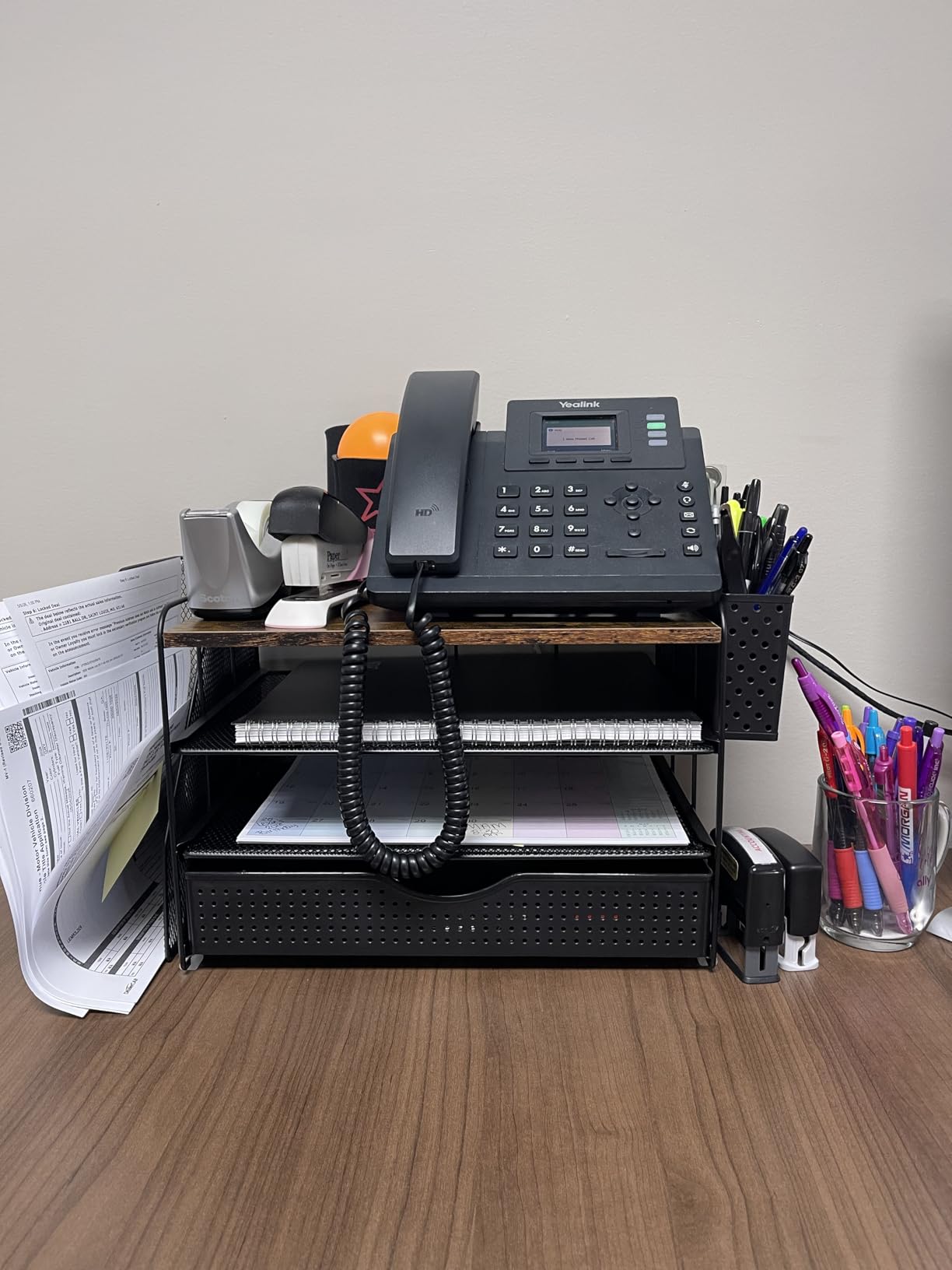 Wood Desk Organizers and Accessories with File Sorters & Catalog Racks | 4-Tier Desk Accessories & Workspace Organizers with Drawer and Pen Holder, Desk Reference Racks (Wood, 4T with Drawer) customer photo 1