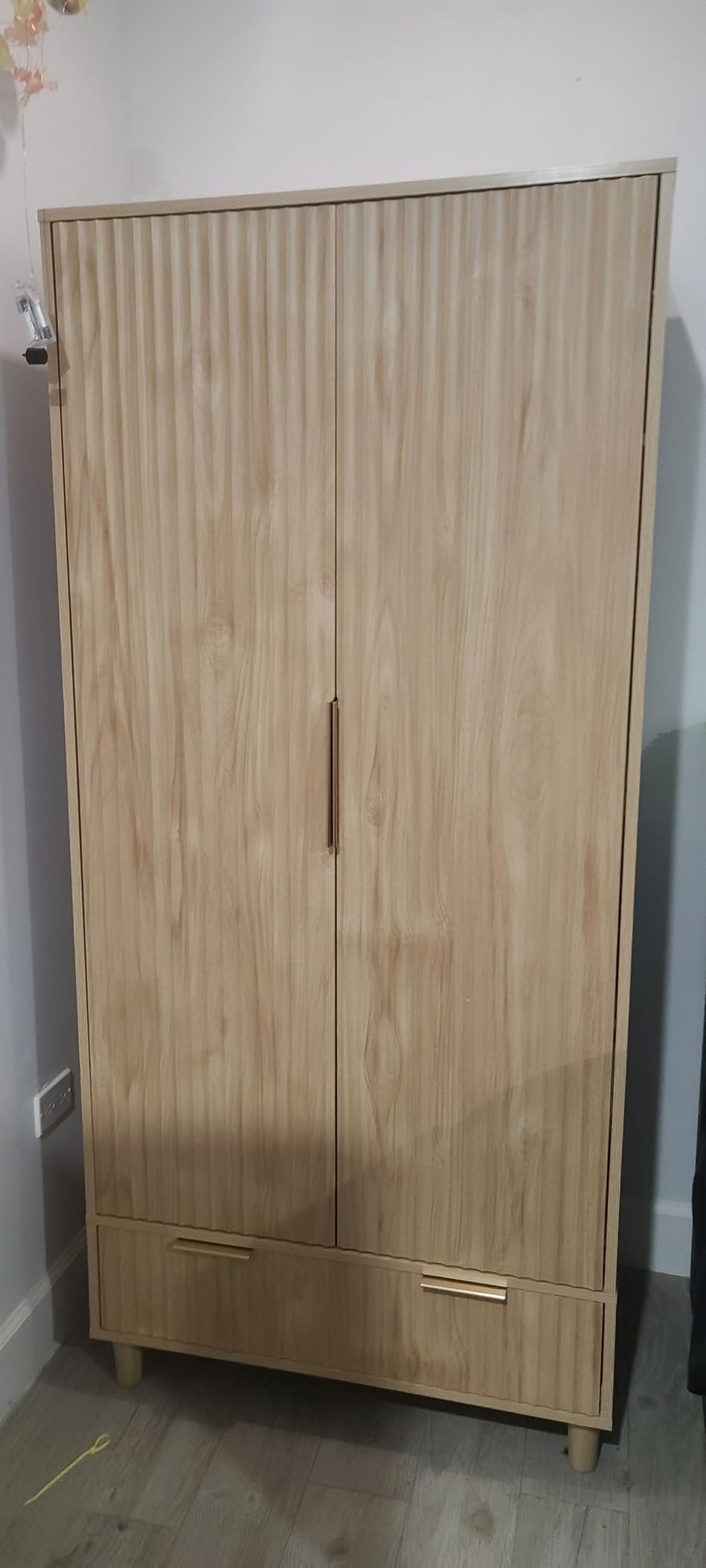 VINGLI Fluted Wardrobe Closet Armoire with Doors And Drawers, White Wardrobe Cabinet with Hanging Rack, Bedroom Closet Wood, Free Standing Armoire with Shelf and Solid Wood Legs, 31.5
