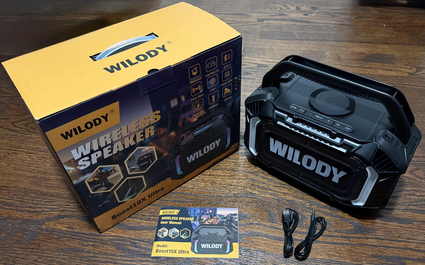 Wilody Speakers Bluetooth Wireless, 100W Loud Outdoor Speaker with Bass, IPX7 Waterproof Floatable, 20H Playtime, Wireless Charge, TWS, RGB Light, Portable Speaker for Work, Garage, Outdoor (Black) customer photo 2