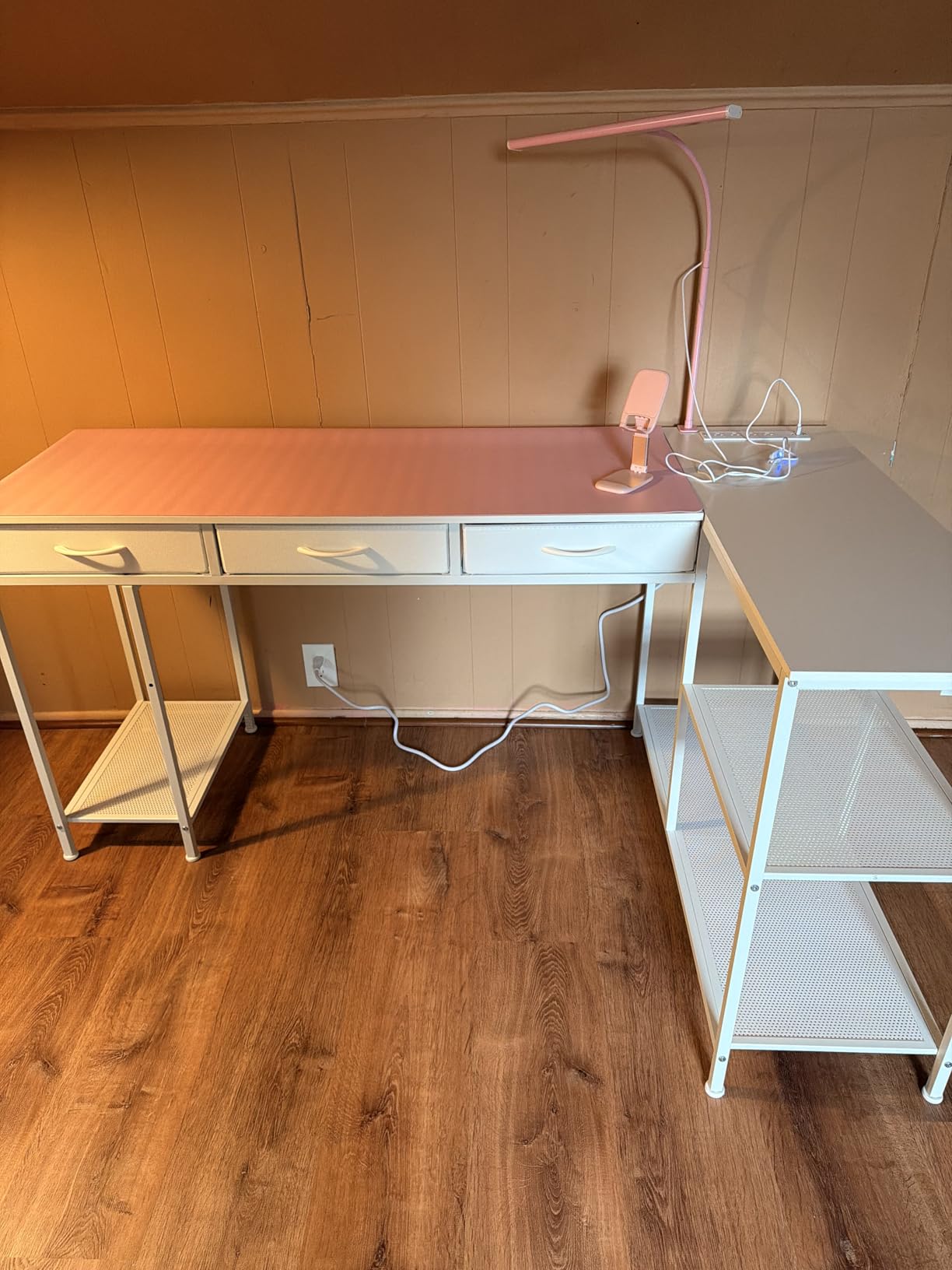 PRAISUN 55 Inch L Shaped Office Desk with Power Outlets and Type-C Port, Large Computer Gaming Desk with 3 Fabric Drawers, Mesh Shelves, Corner Study Work Writing Desk, Rustic Brown customer photo 1