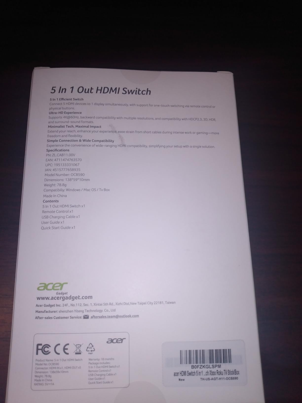 acer 5 in 1 Out HDMI Switch 4K@60Hz HDMI 2.0 with Remote for PS5 Xbox TV customer photo 1
